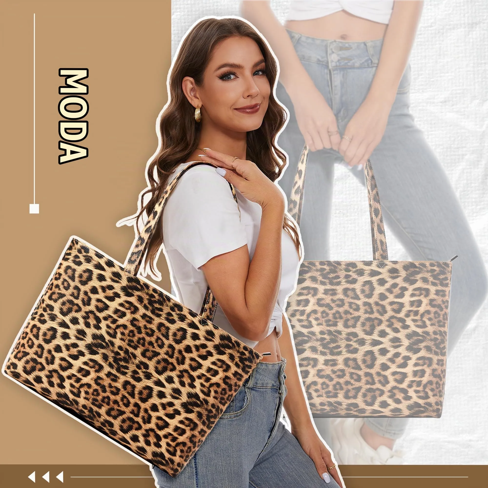 KALIDI Borsa modello "Tote bag" da donna, grande borsa a tracolla con cerniera impermeabile in PU per le donne, borsa da lavoro, scuola, viaggio, uso quotidiano, 43 x 27 x 8.4 cm - immagine 4