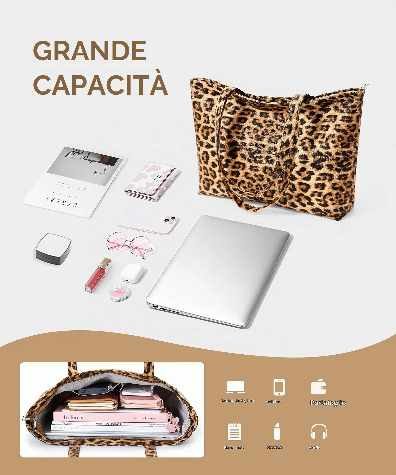 KALIDI Borsa modello "Tote bag" da donna, grande borsa a tracolla con cerniera impermeabile in PU per le donne, borsa da lavoro, scuola, viaggio, uso quotidiano, 43 x 27 x 8.4 cm - immagine 5
