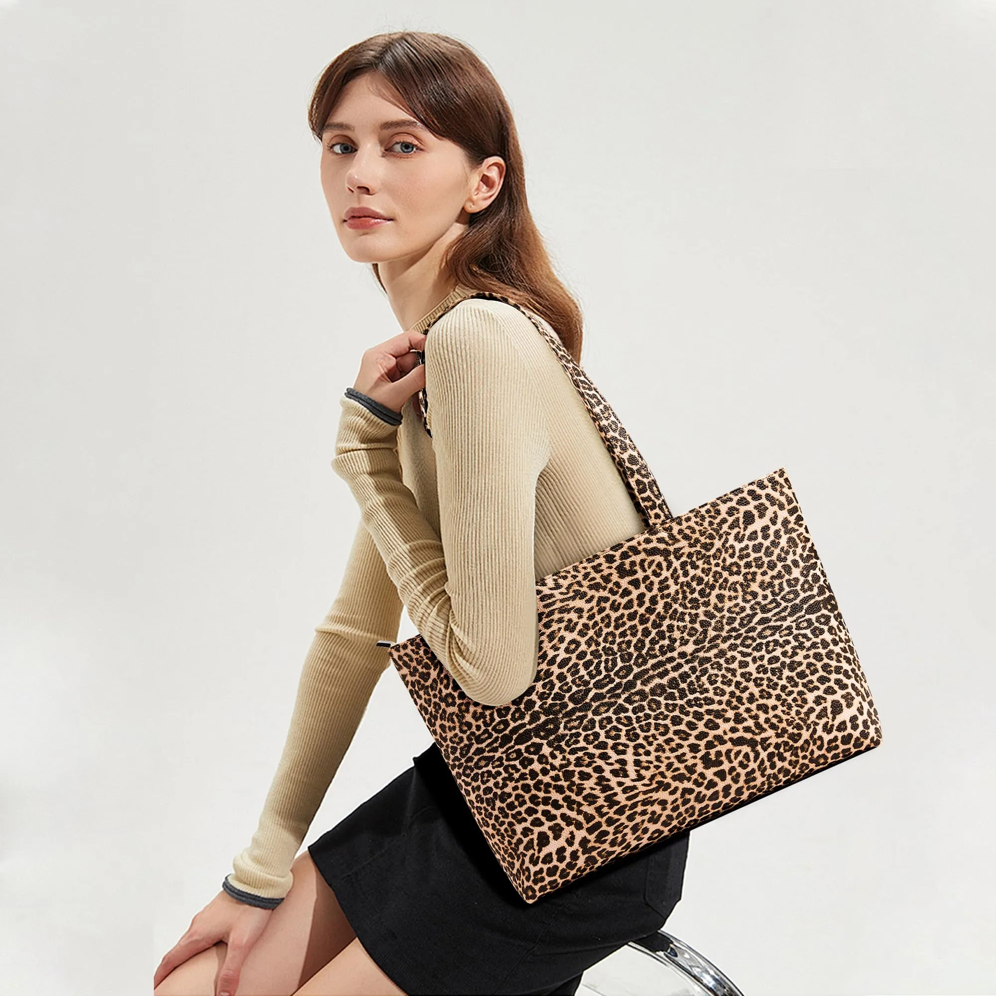 KALIDI Tote Bag Borse da donna Grande borsa a tracolla con cerniera Impermeabile PU Borse da donna Borsa da donna per lavoro Scuola Viaggi Uso quotidiano, Leopard-02, 43 x 27 x 8.4 cm - immagine 2