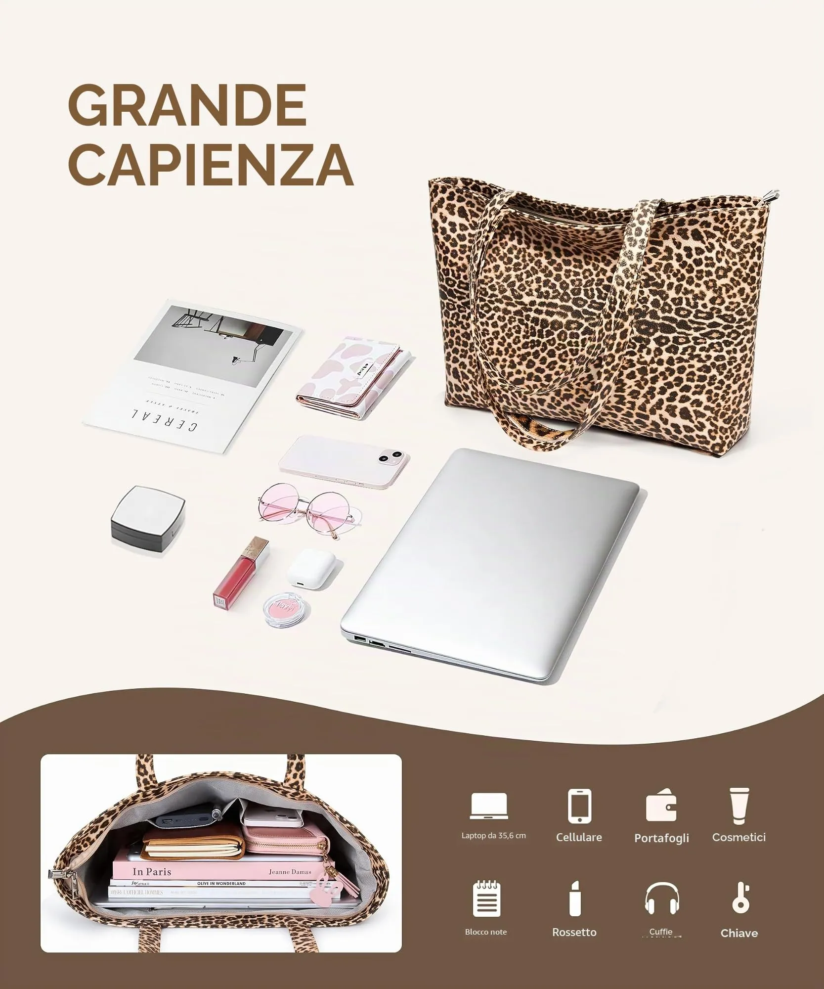 KALIDI Tote Bag Borse da donna Grande borsa a tracolla con cerniera Impermeabile PU Borse da donna Borsa da donna per lavoro Scuola Viaggi Uso quotidiano, Leopard-02, 43 x 27 x 8.4 cm - immagine 5