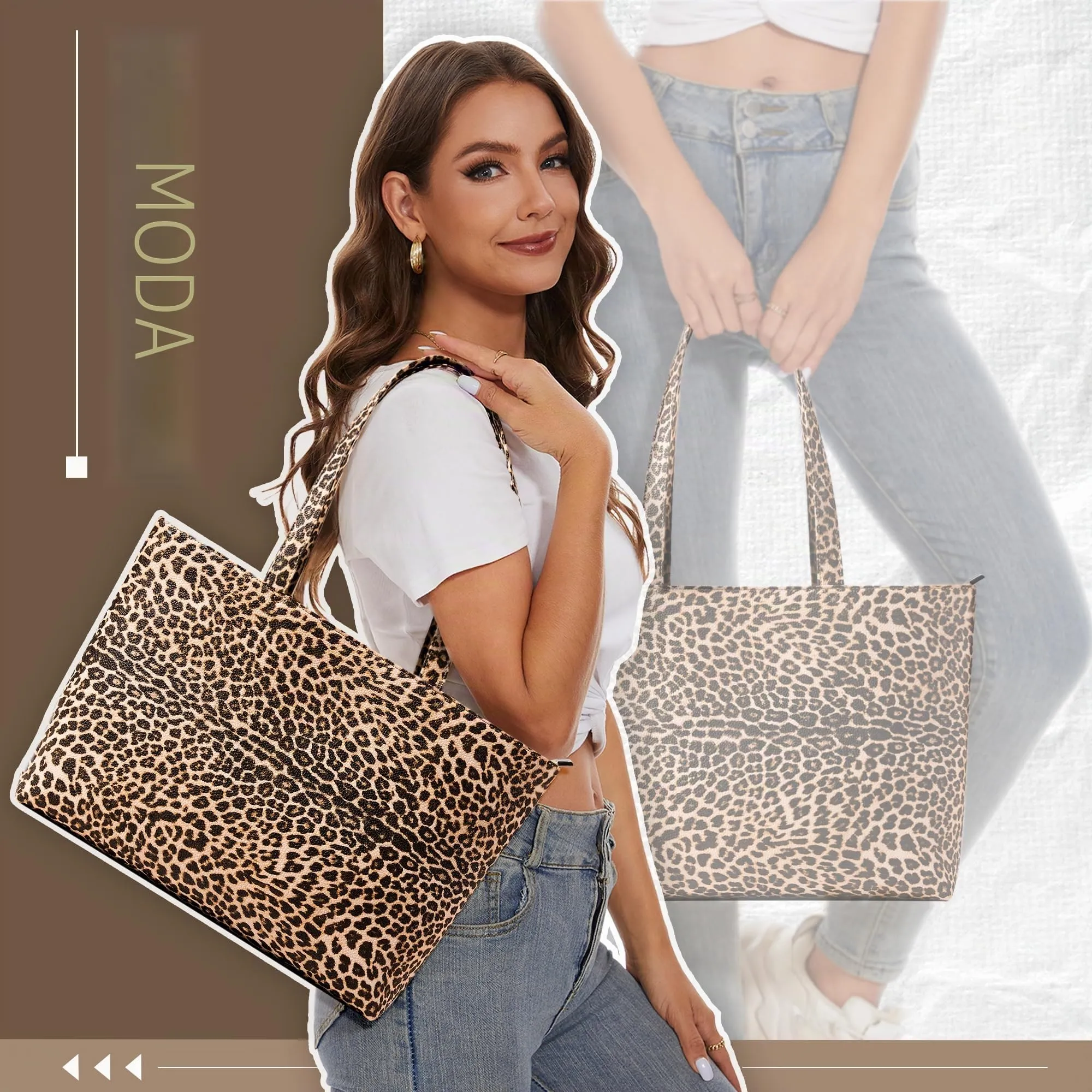 KALIDI Tote Bag Borse da donna Grande borsa a tracolla con cerniera Impermeabile PU Borse da donna Borsa da donna per lavoro Scuola Viaggi Uso quotidiano, Leopard-02, 43 x 27 x 8.4 cm - immagine 6