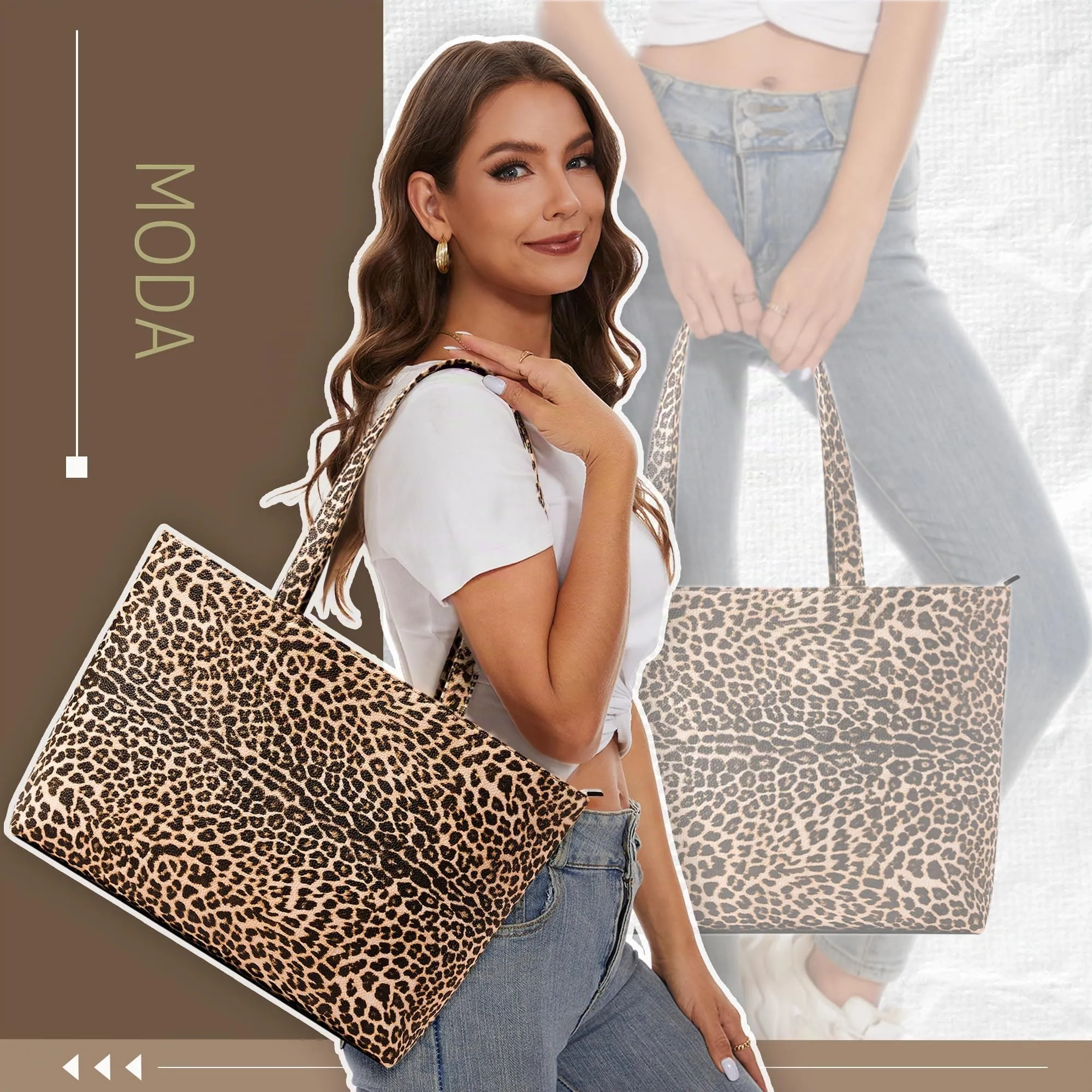 KALIDI Borsa modello "Tote bag" da donna, grande borsa a tracolla con cerniera impermeabile in PU per le donne, borsa da lavoro, scuola, viaggio, uso quotidiano, 43 x 27 x 8.4 cm - immagine 3