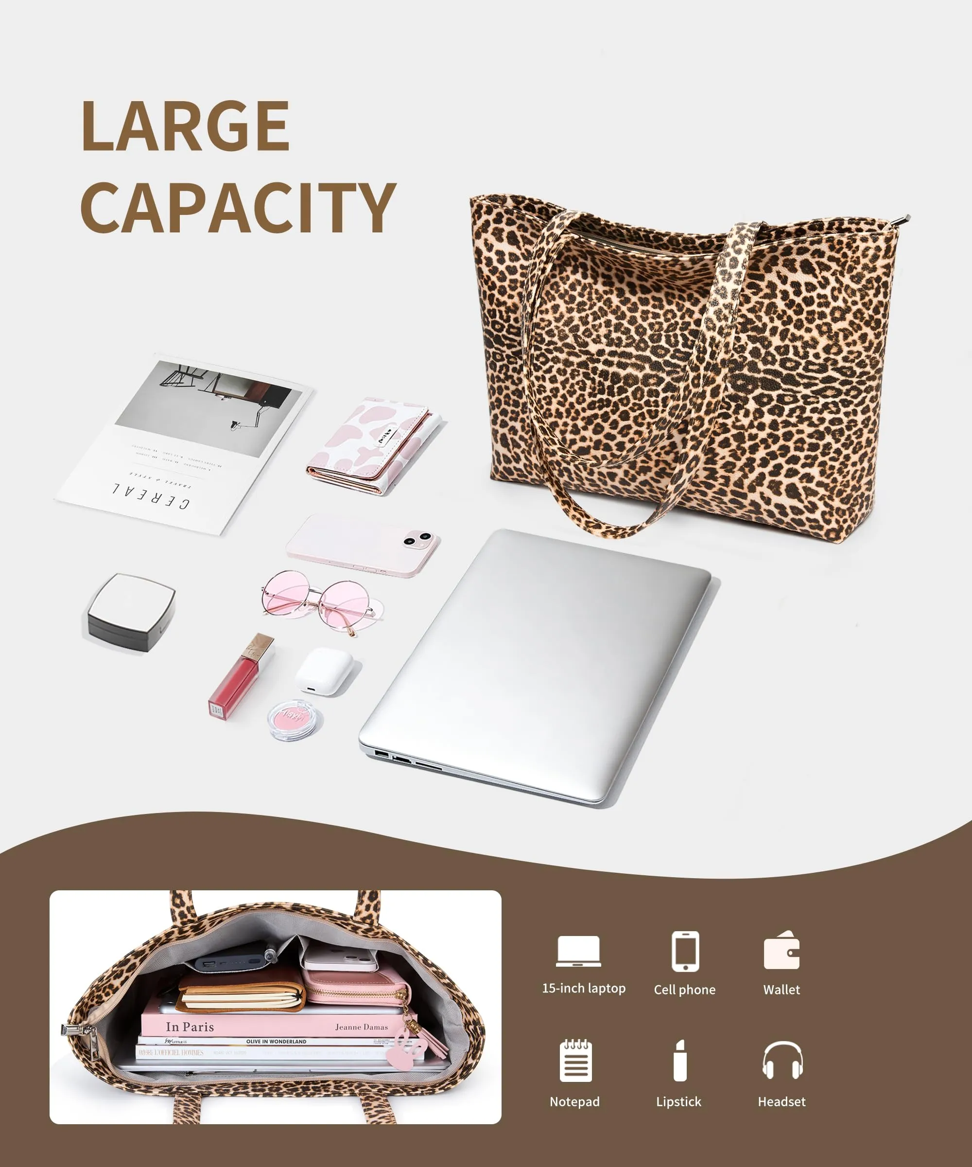 KALIDI Borsa modello "Tote bag" da donna, grande borsa a tracolla con cerniera impermeabile in PU per le donne, borsa da lavoro, scuola, viaggio, uso quotidiano, 43 x 27 x 8.4 cm - immagine 5