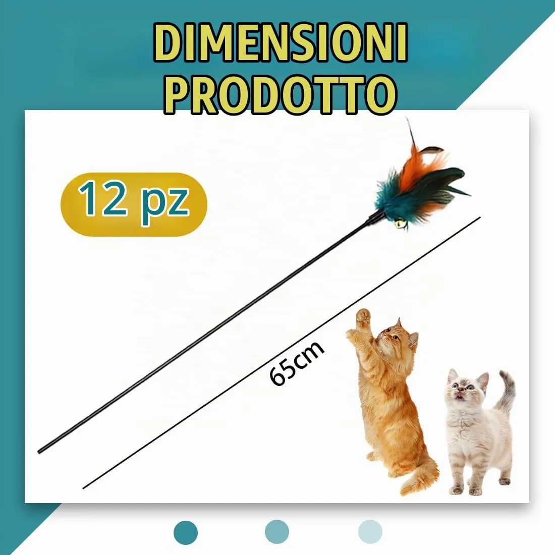 KYLOS Giochi Con Piume Per Gatti 12 Pezzi, Giocattoli Interattivi Per Gatti, Gioco Con Piume E Campana, Giocattoli Per Gattini, Colore Nero, Lunghezza 65Cm - immagine 2