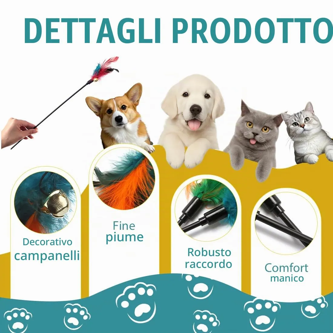 KYLOS Giochi Con Piume Per Gatti 12 Pezzi, Giocattoli Interattivi Per Gatti, Gioco Con Piume E Campana, Giocattoli Per Gattini, Colore Nero, Lunghezza 65Cm - immagine 3