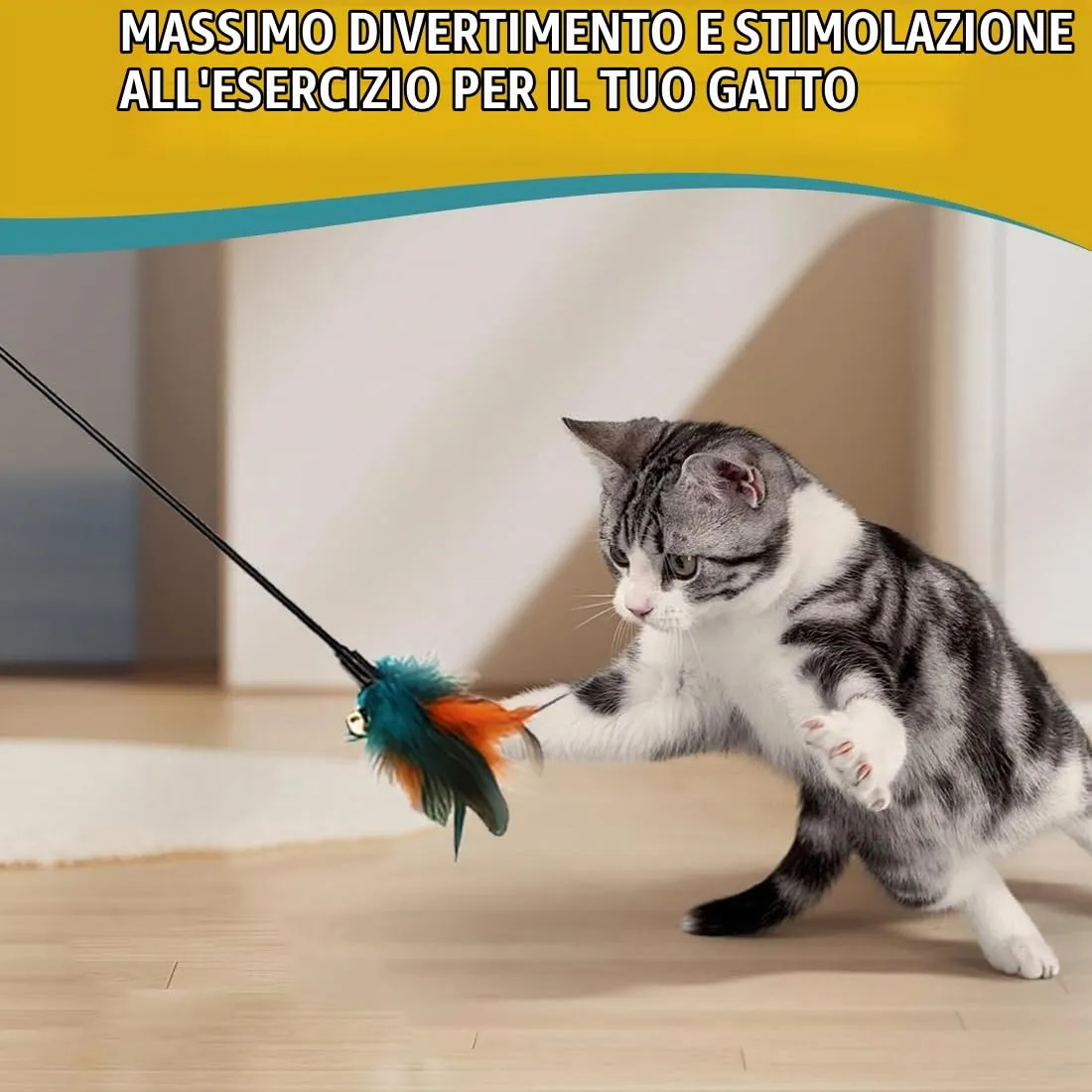 KYLOS Giochi Con Piume Per Gatti 12 Pezzi, Giocattoli Interattivi Per Gatti, Gioco Con Piume E Campana, Giocattoli Per Gattini, Colore Nero, Lunghezza 65Cm - immagine 4