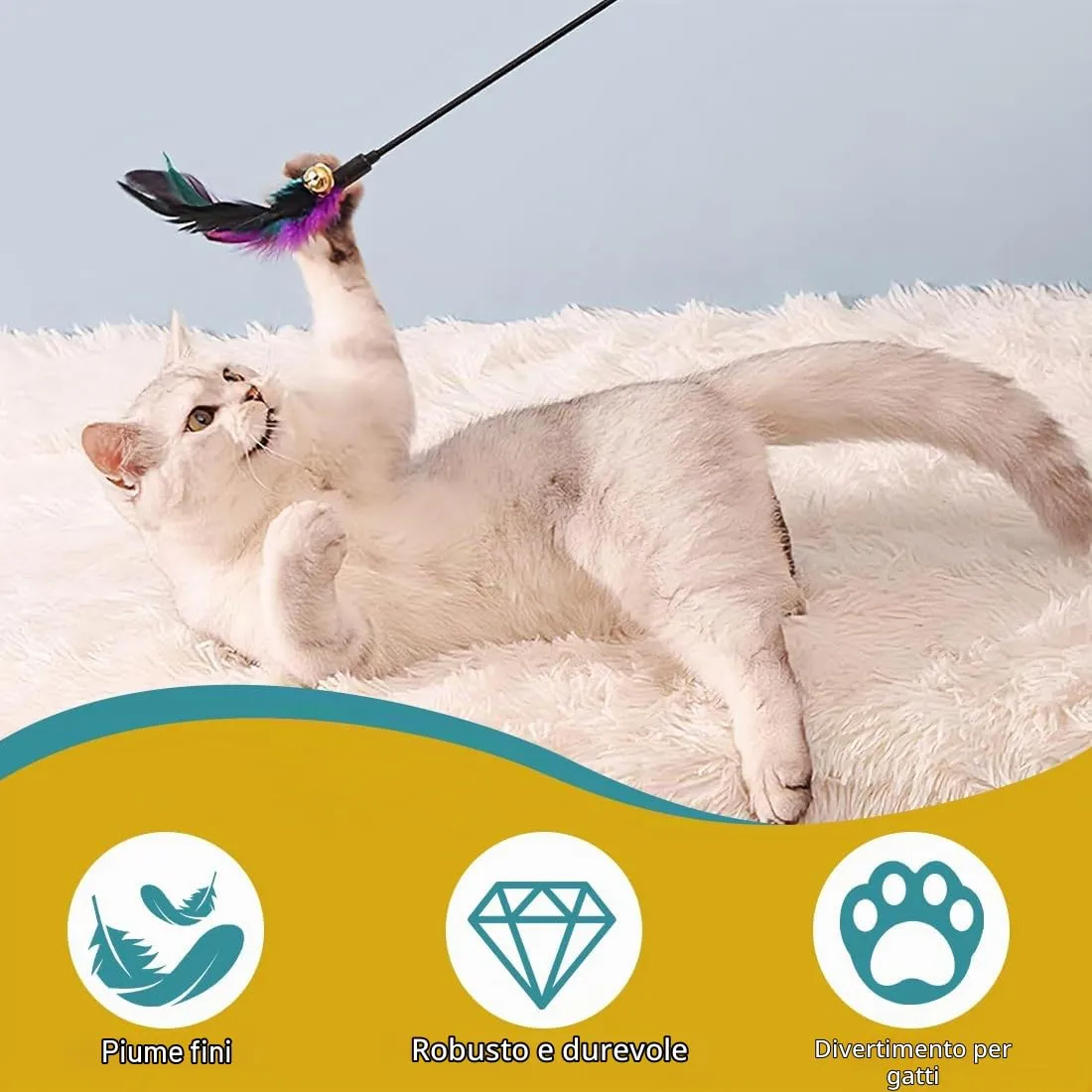 KYLOS Giochi Con Piume Per Gatti 12 Pezzi, Giocattoli Interattivi Per Gatti, Gioco Con Piume E Campana, Giocattoli Per Gattini, Colore Nero, Lunghezza 65Cm - immagine 5