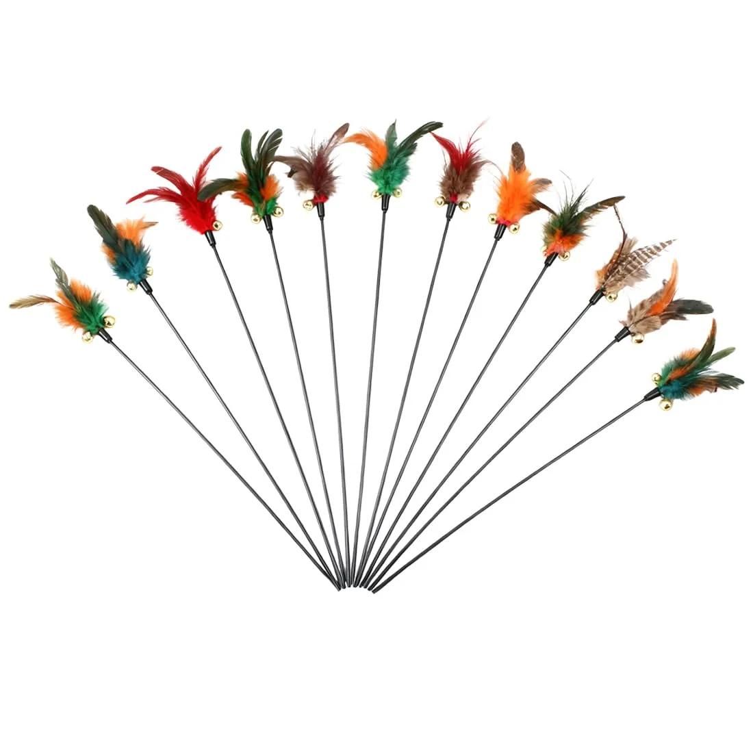 KYLOS Giochi Con Piume Per Gatti 12 Pezzi, Giocattoli Interattivi Per Gatti, Gioco Con Piume E Campana, Giocattoli Per Gattini, Colore Nero, Lunghezza 65Cm - immagine 7