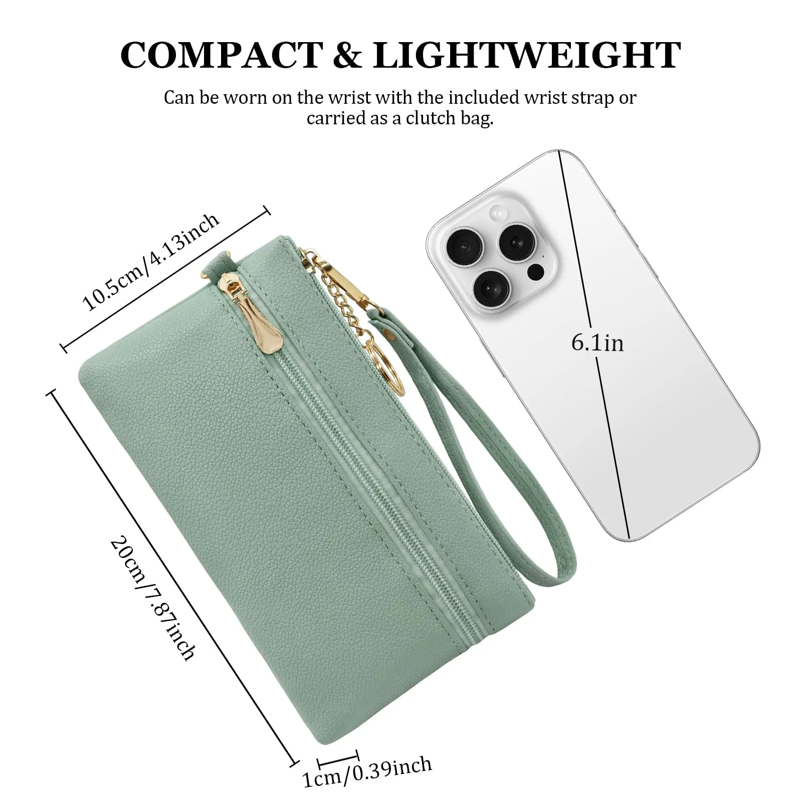 LJCZKA Portafoglio da Polso Pelle Donna Pochette da Polso Zip Grande Capacità Frizione Cellulare Porta Carte con Cinturino da Polso, Portachiavi (Verde) - immagine 2