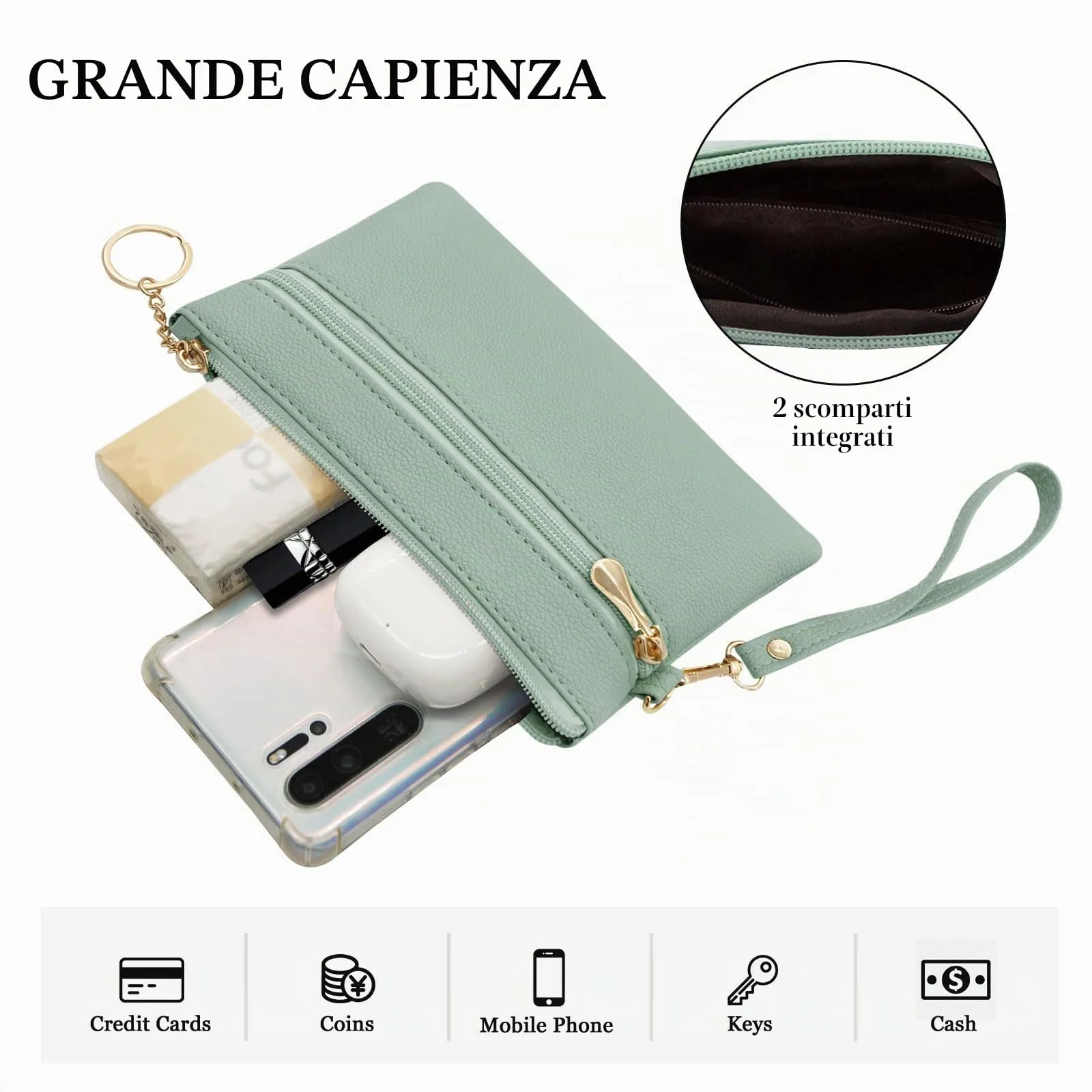 LJCZKA Portafoglio da Polso Pelle Donna Pochette da Polso Zip Grande Capacità Frizione Cellulare Porta Carte con Cinturino da Polso, Portachiavi (Verde) - immagine 3