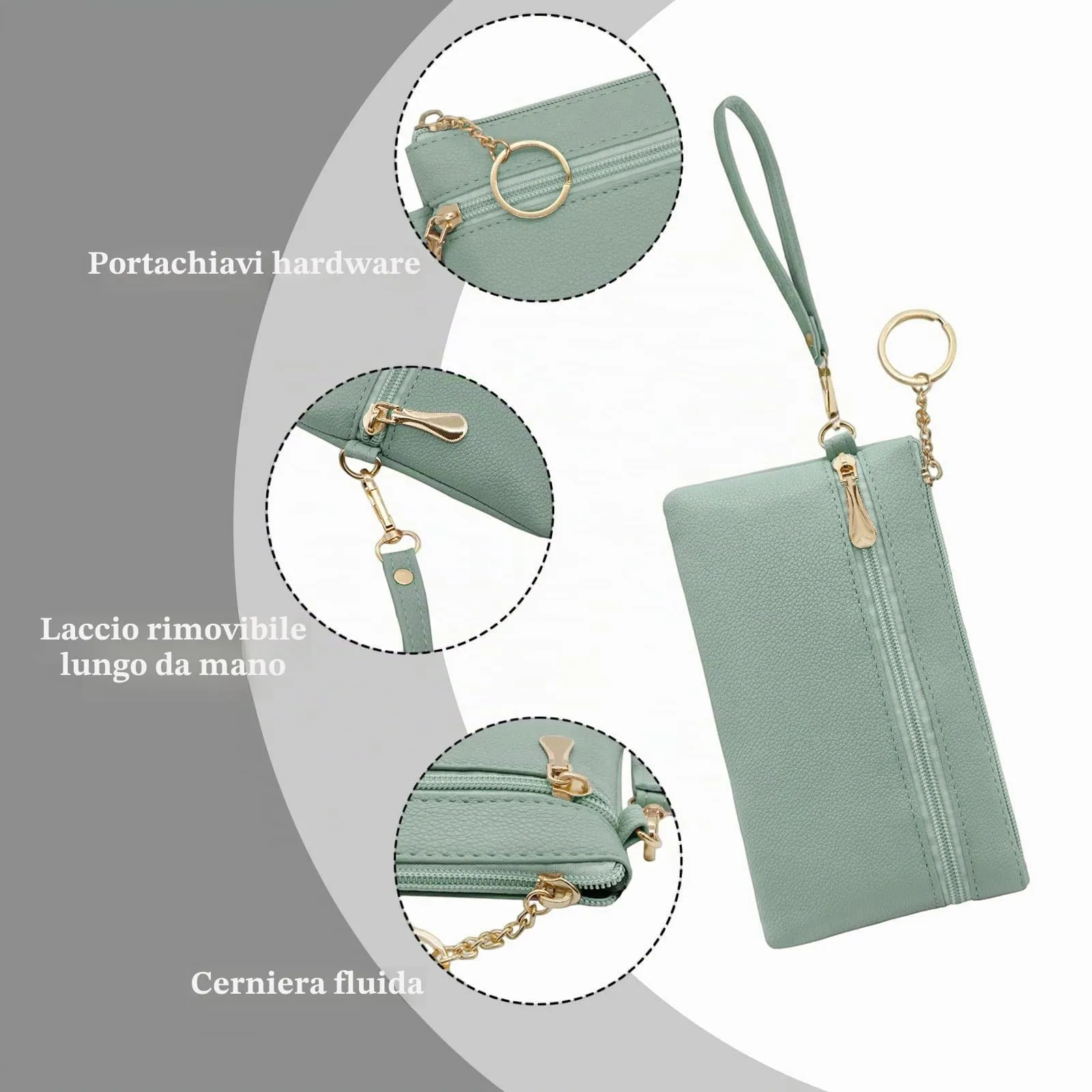 LJCZKA Portafoglio da Polso Pelle Donna Pochette da Polso Zip Grande Capacità Frizione Cellulare Porta Carte con Cinturino da Polso, Portachiavi (Verde) - immagine 4