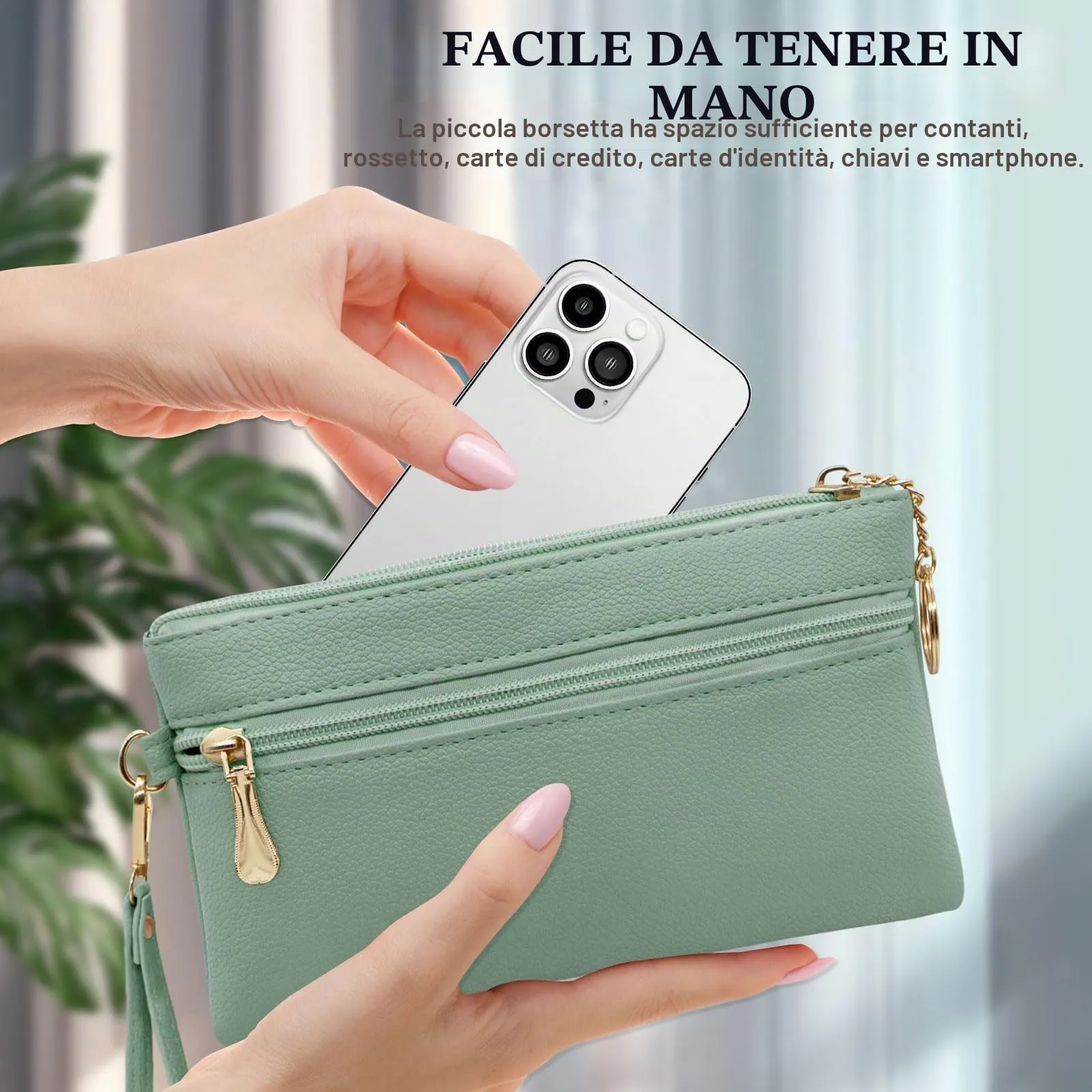 LJCZKA Portafoglio da Polso Pelle Donna Pochette da Polso Zip Grande Capacità Frizione Cellulare Porta Carte con Cinturino da Polso, Portachiavi (Verde) - immagine 5