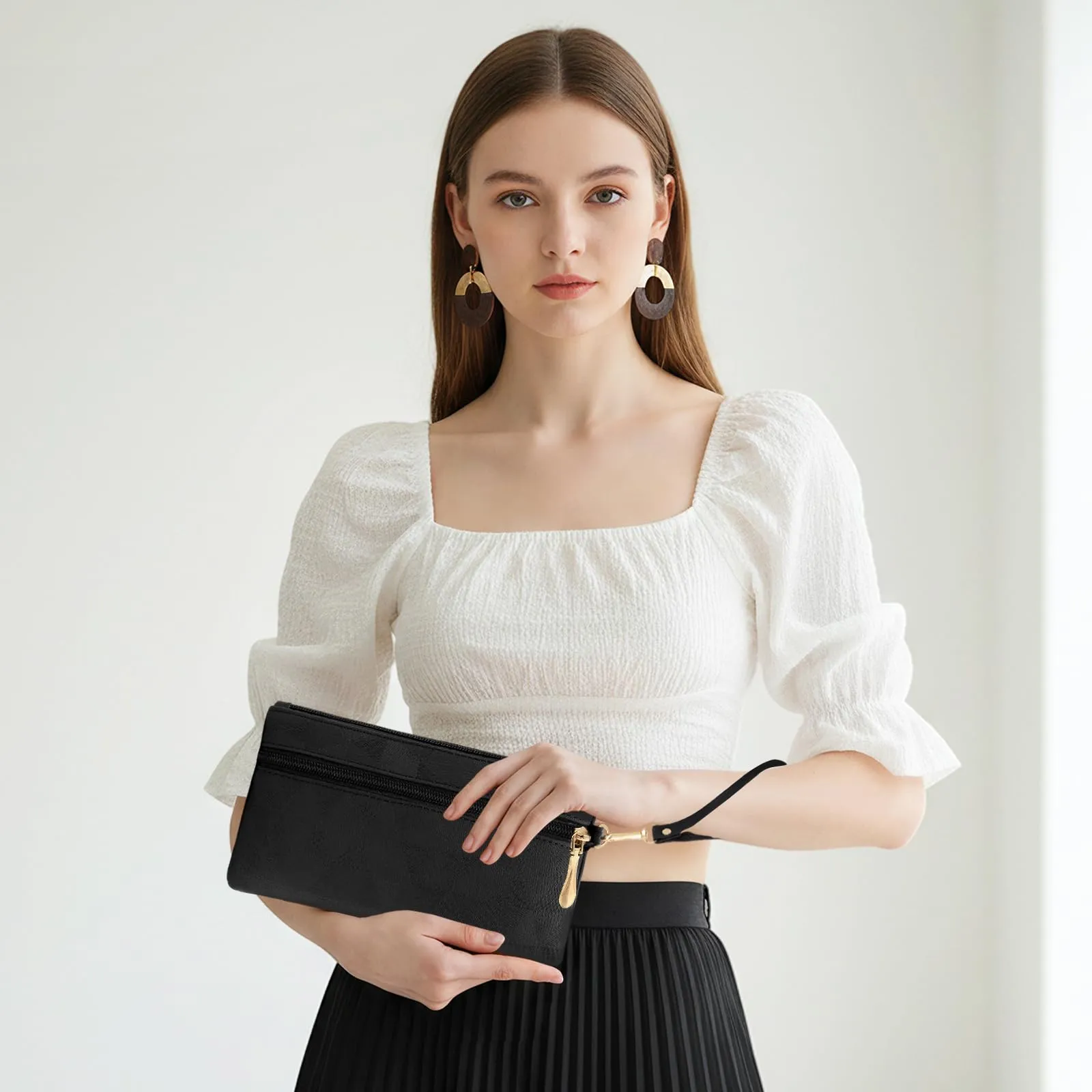 LJCZKA Portafoglio da Polso Pelle Donna Pochette da Polso Zip Grande Capacità Frizione Cellulare Porta Carte con Cinturino da Polso, Portachiavi (Nero-2) - immagine 2