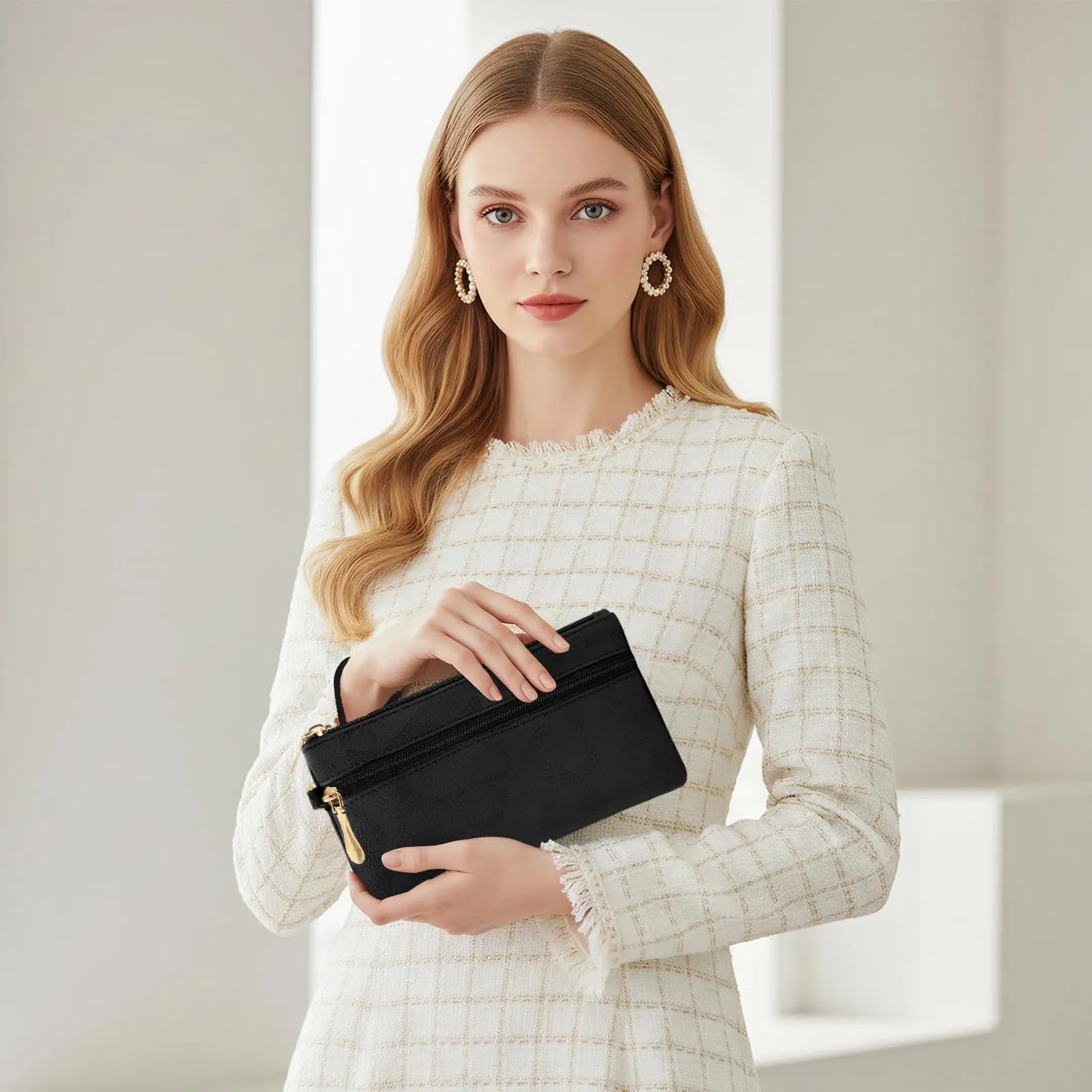 LJCZKA Portafoglio da Polso Pelle Donna Pochette da Polso Zip Grande Capacità Frizione Cellulare Porta Carte con Cinturino da Polso, Portachiavi (Nero-2) - immagine 3