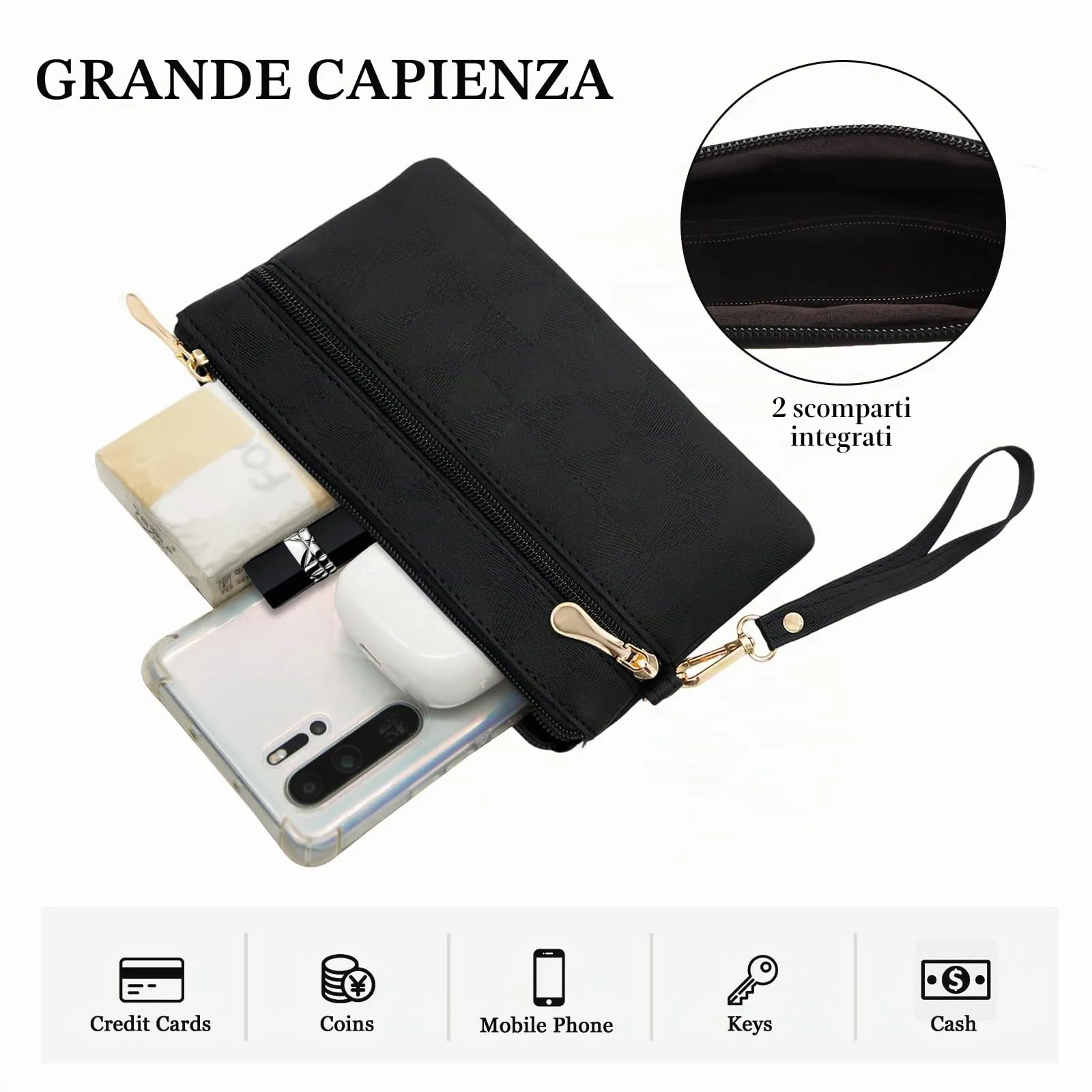 LJCZKA Portafoglio da Polso Pelle Donna Pochette da Polso Zip Grande Capacità Frizione Cellulare Porta Carte con Cinturino da Polso, Portachiavi (Nero-2) - immagine 5
