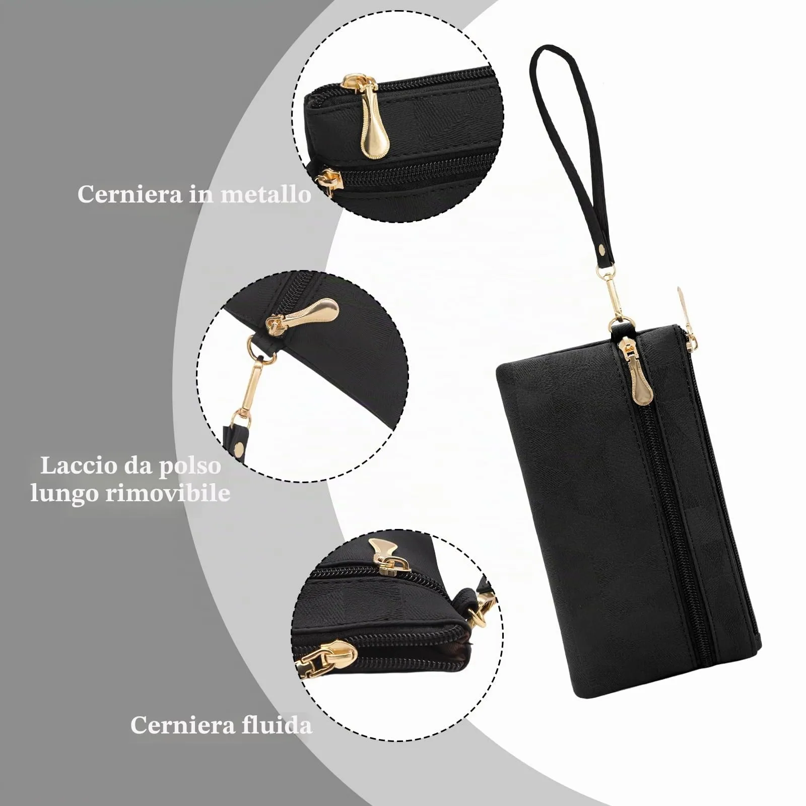 LJCZKA Portafoglio da Polso Pelle Donna Pochette da Polso Zip Grande Capacità Frizione Cellulare Porta Carte con Cinturino da Polso, Portachiavi (Nero-2) - immagine 6