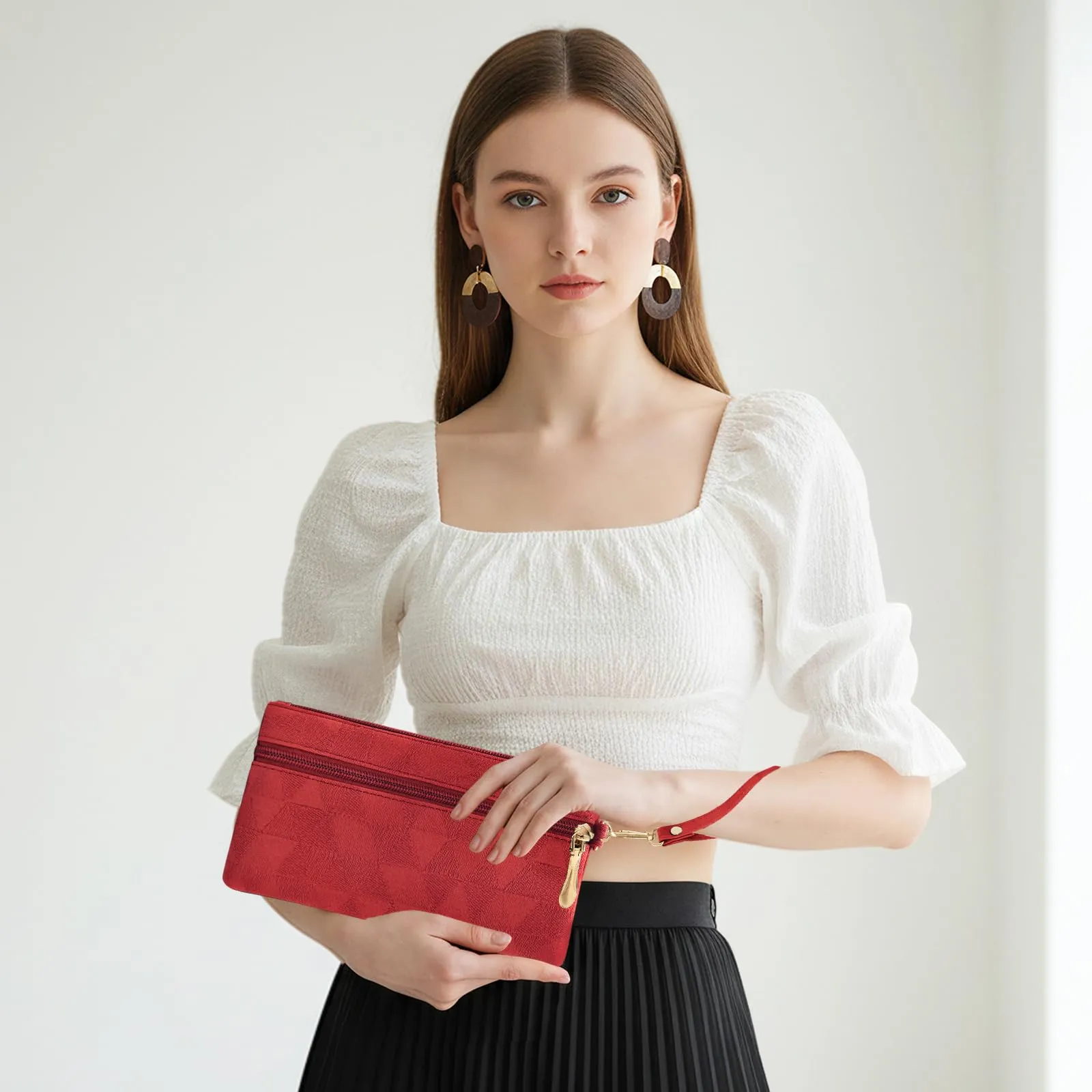 LJCZKA Portafoglio da Polso Pelle Donna Pochette da Polso Zip Grande Capacità Frizione Cellulare Porta Carte con Cinturino da Polso, Portachiavi (Rosso-2) - immagine 2