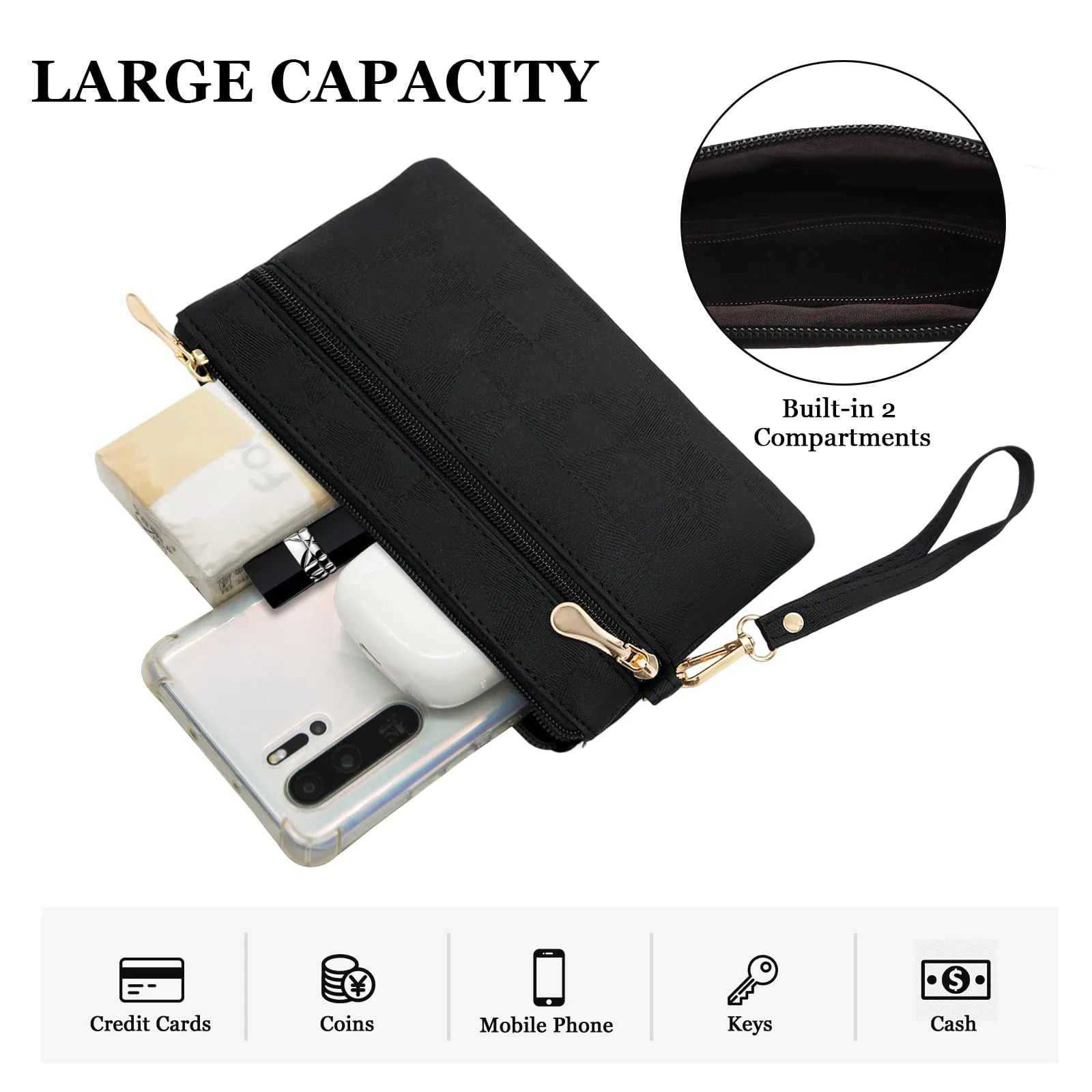 LJCZKA Portafoglio da Polso Pelle Donna Pochette da Polso Zip Grande Capacità Frizione Cellulare Porta Carte con Cinturino da Polso, Portachiavi (Rosso-2) - immagine 4