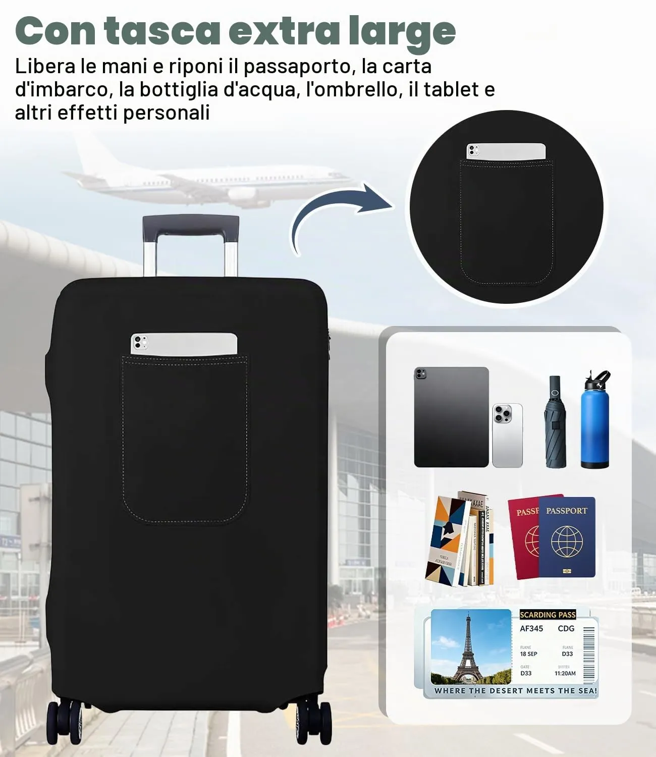 Morbuy Copri Valigia Grande per 25-28 Pollici, Elastica Nero Suitcase Cover con Ampia Tasca, L Copri Trolley Protector con Cerniera, Antipolvere, Lavabile, Antigraffio - immagine 3