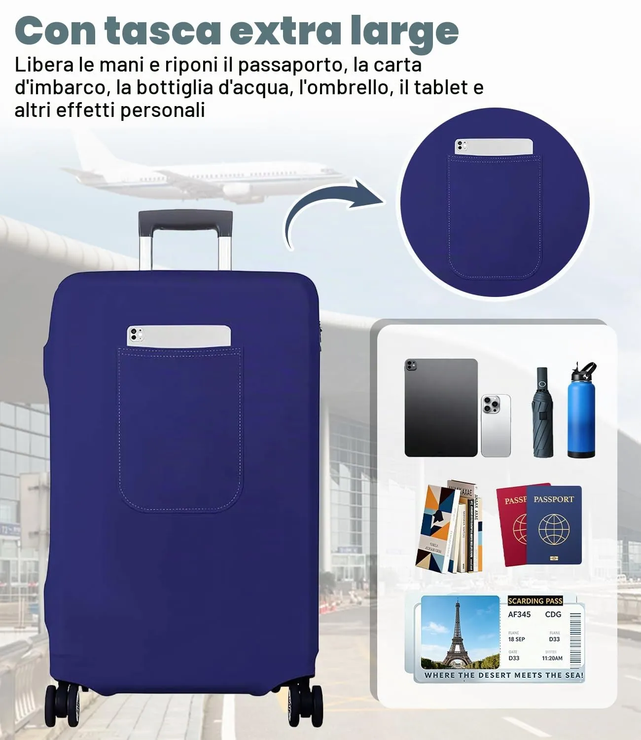 Morbuy Copri Valigia Grande per 29-32 Pollici, Elastica Blu Suitcase Cover con Ampia Tasca, XL Copri Trolley Protector con Cerniera, Antipolvere, Lavabile, Antigraffio - immagine 3