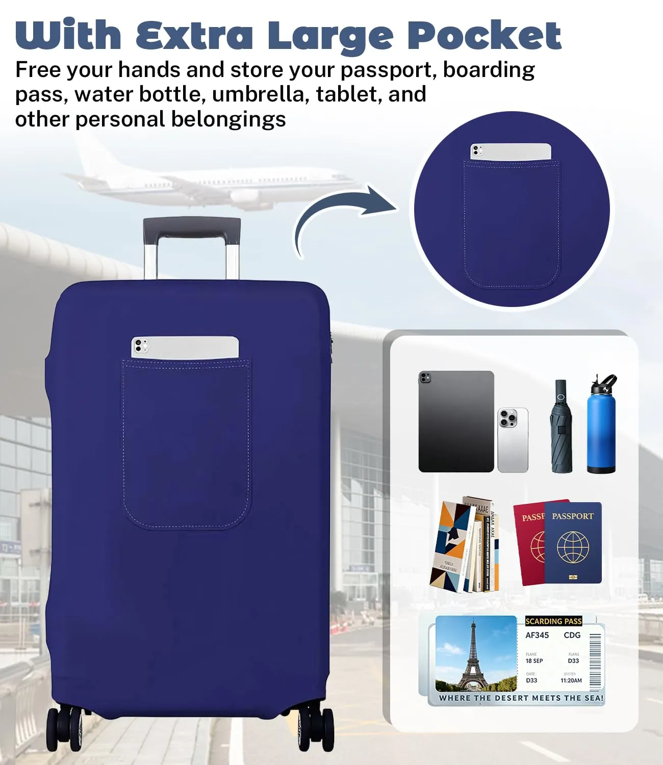 Morbuy Copri Valigia per 18-21 Pollici, Elastica Blu Suitcase Cover con Ampia Tasca, Copri Trolley Protector con Cerniera, Antipolvere, Lavabile, Antigraffio - immagine 3