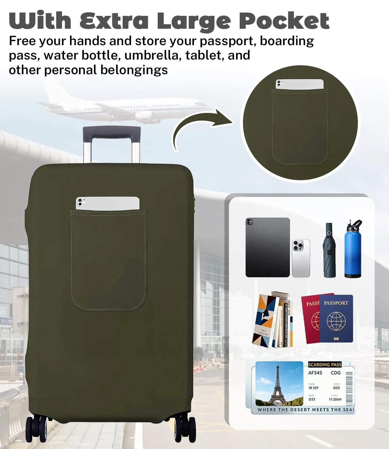 Morbuy Copri Valigia per 18-21 Pollici, Elastica Verde Suitcase Cover con Ampia Tasca, Copri Trolley Protector con Cerniera, Antipolvere, Lavabile, Antigraffio - immagine 3