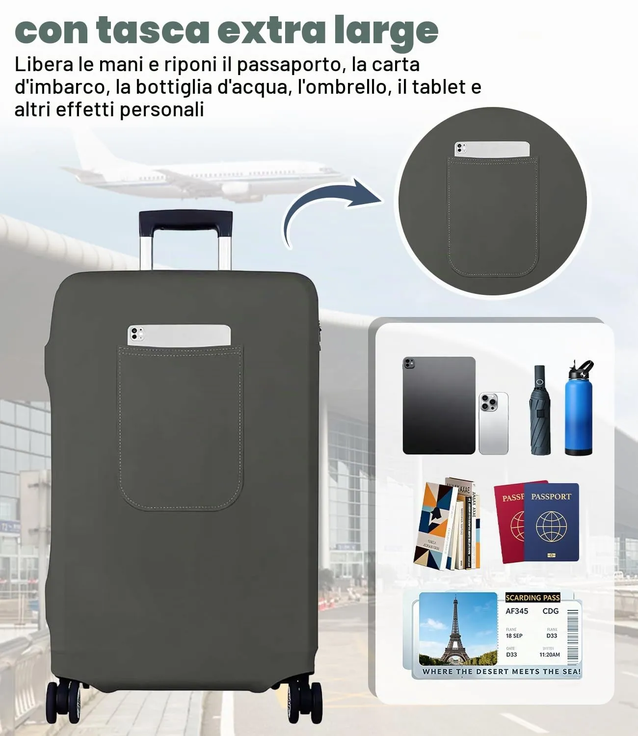 Morbuy Copri Valigia Grande per 25-28 Pollici, Elastica Grigio Suitcase Cover con Ampia Tasca, L Copri Trolley Protector con Cerniera, Antipolvere, Lavabile, Antigraffio - immagine 3