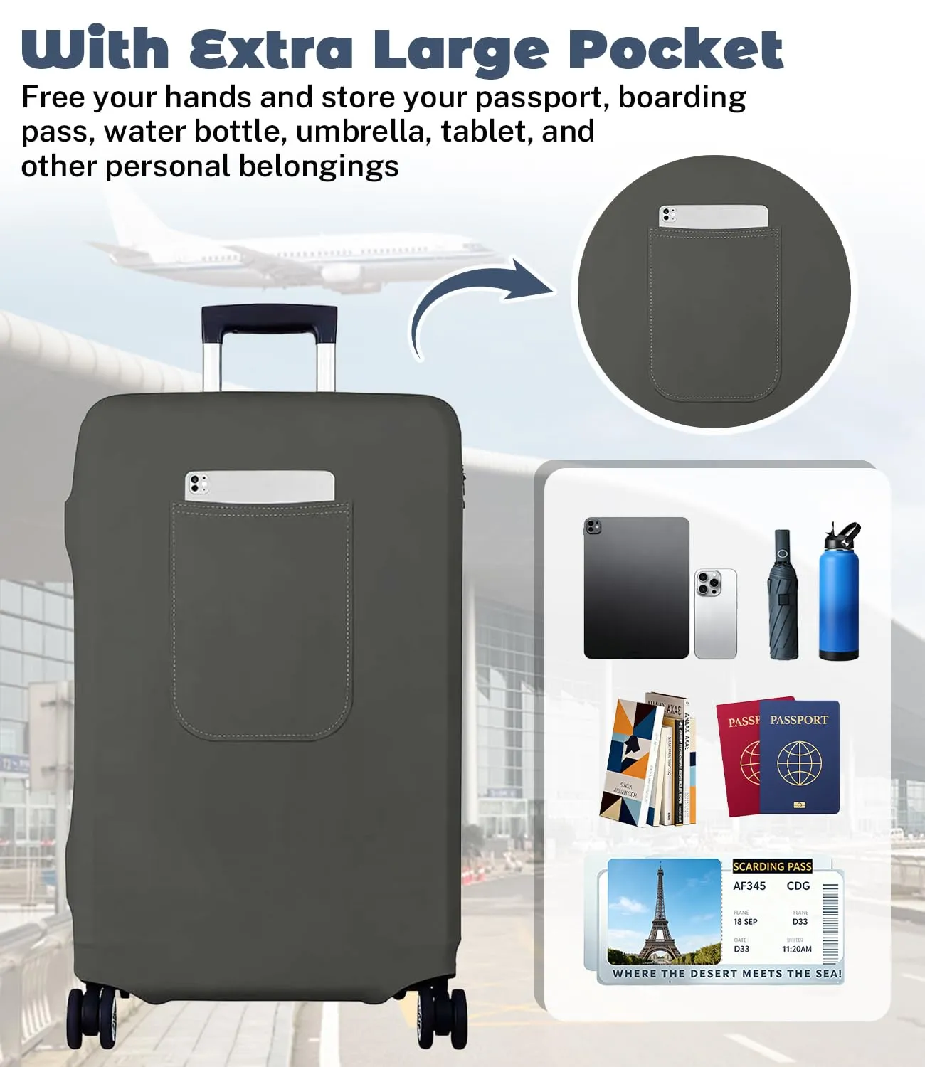 Morbuy Copri Valigia per 18-21 Pollici, Elastica Grigio Suitcase Cover con Ampia Tasca, Copri Trolley Protector con Cerniera, Antipolvere, Lavabile, Antigraffio - immagine 3