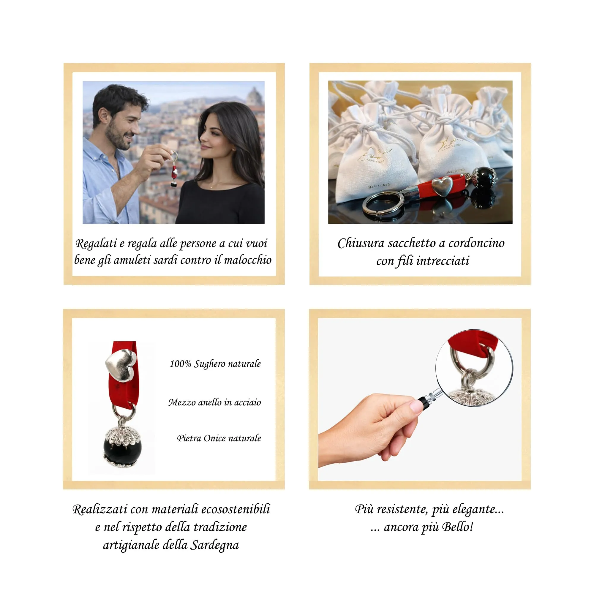 Tesori di Sardegna Portachiavi Portafortuna Sardo Su Coccu realizzato in Sughero Pietra Onice e Metallo Portachiavi Amuleto Unisex Originale idea regalo per Donna e Uomo - immagine 5