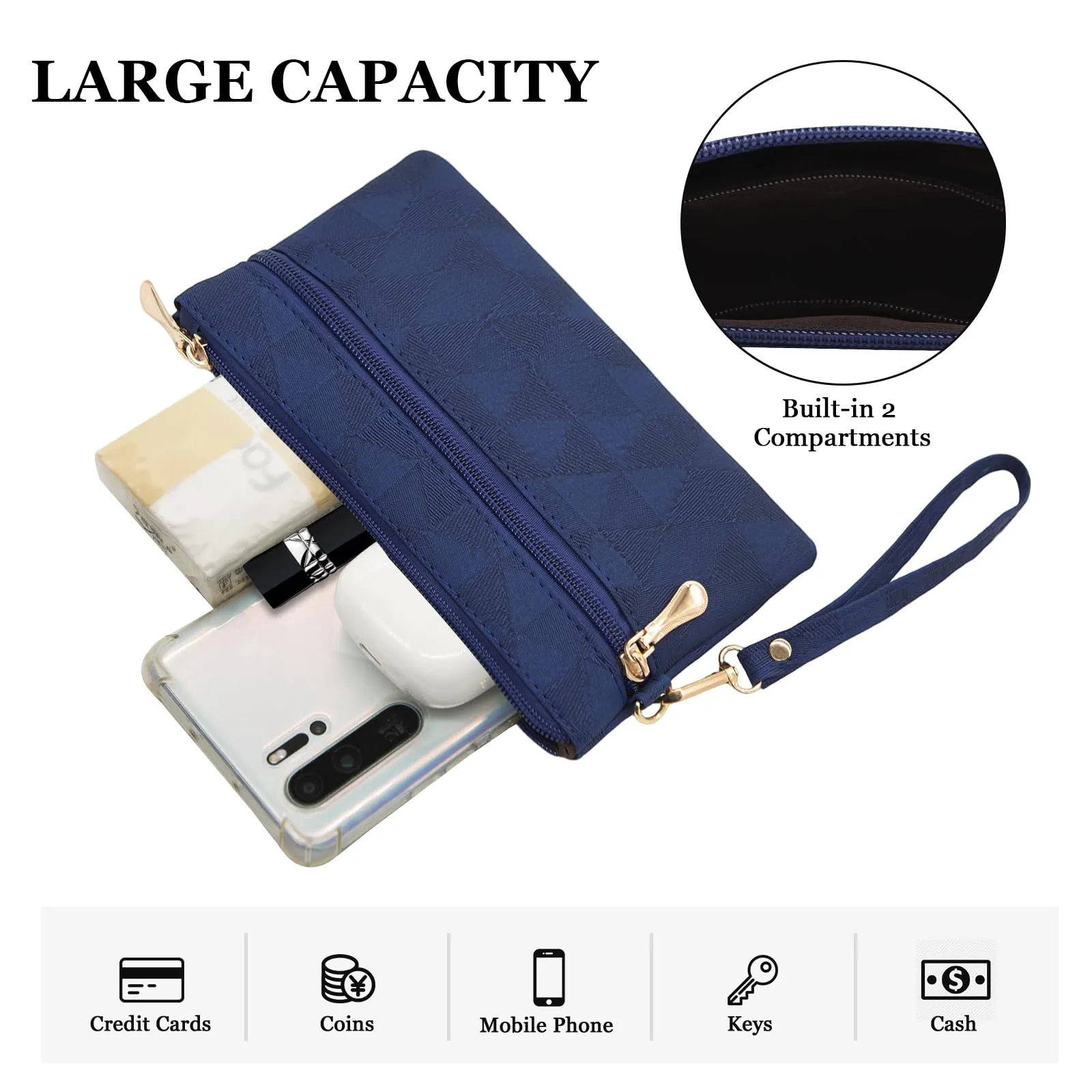 LJCZKA Portafoglio da Polso Pelle Donna Pochette da Polso Zip Grande Capacità Frizione Cellulare Porta Carte con Cinturino da Polso, Portachiavi (Blu-2) - immagine 4