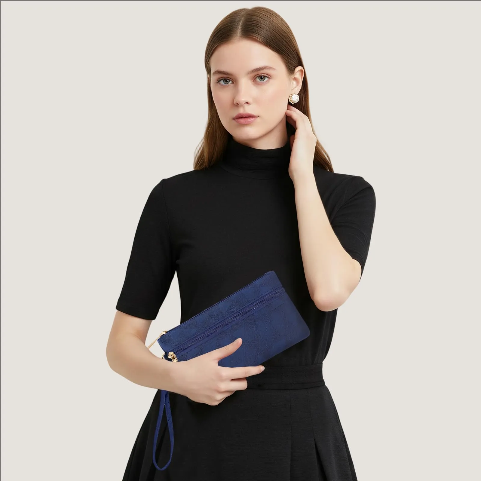 LJCZKA Portafoglio da Polso Pelle Donna Pochette da Polso Zip Grande Capacità Frizione Cellulare Porta Carte con Cinturino da Polso, Portachiavi (Blu-2) - immagine 7