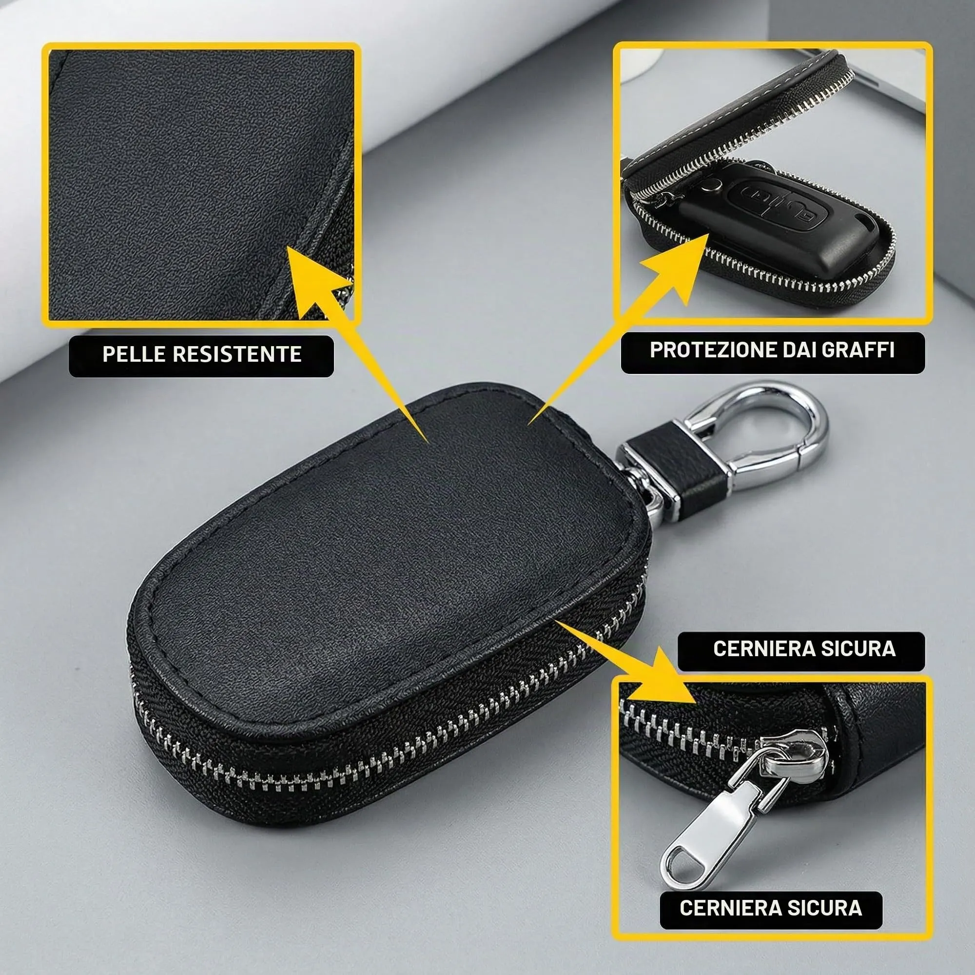 KAHZOR 1 Pezzo Portachiavi Auto, Portachiavi Pelle, Portachiavi Uomo, Custodia Porta Chiavi con Chiusura a Cerniera e Gancio in Metallo, Porta Chiavi Universale per Auto, Casa e Ufficio - immagine 5
