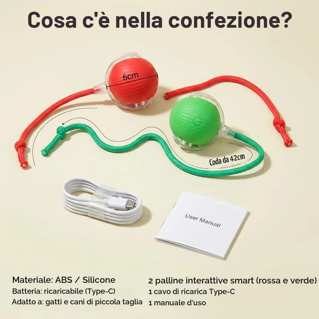 2 Pezzi Giocattolo Interattivo per Gatti e Cani,Palla Rotante Elettrica Intelligente a 3 Modalità,Palla Automatica Ricaricabile Anti Stress,Pallina da Gioco per Animali Domestici Casa (Rosso e Verde) - immagine 3