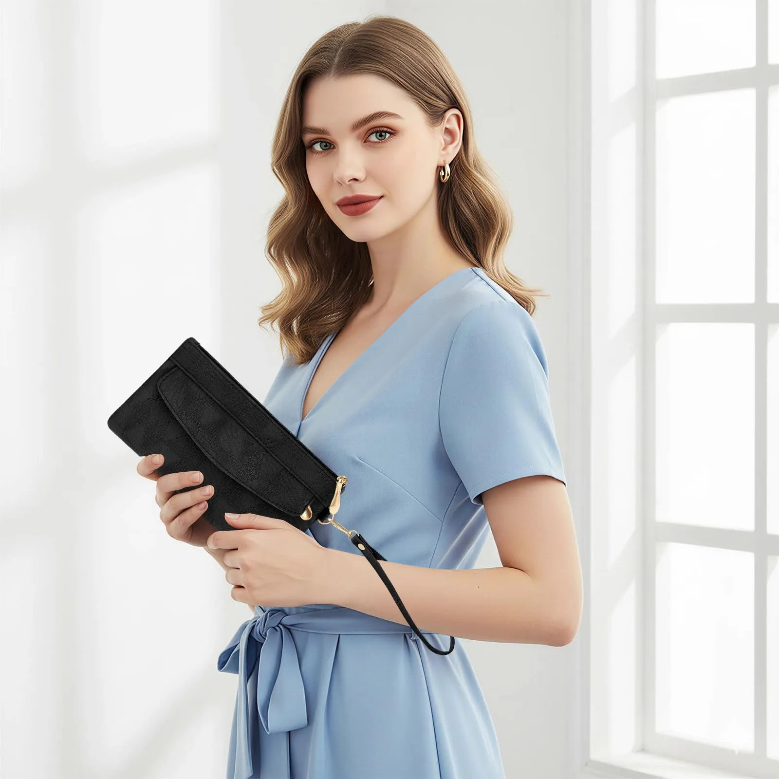 LJCZKA Portafoglio da Polso Pelle Donna Pochette da Polso Zip Grande Capacità Frizione Cellulare Porta Carte con Cinturino da Polso, Portachiavi (Nero-4) - immagine 2