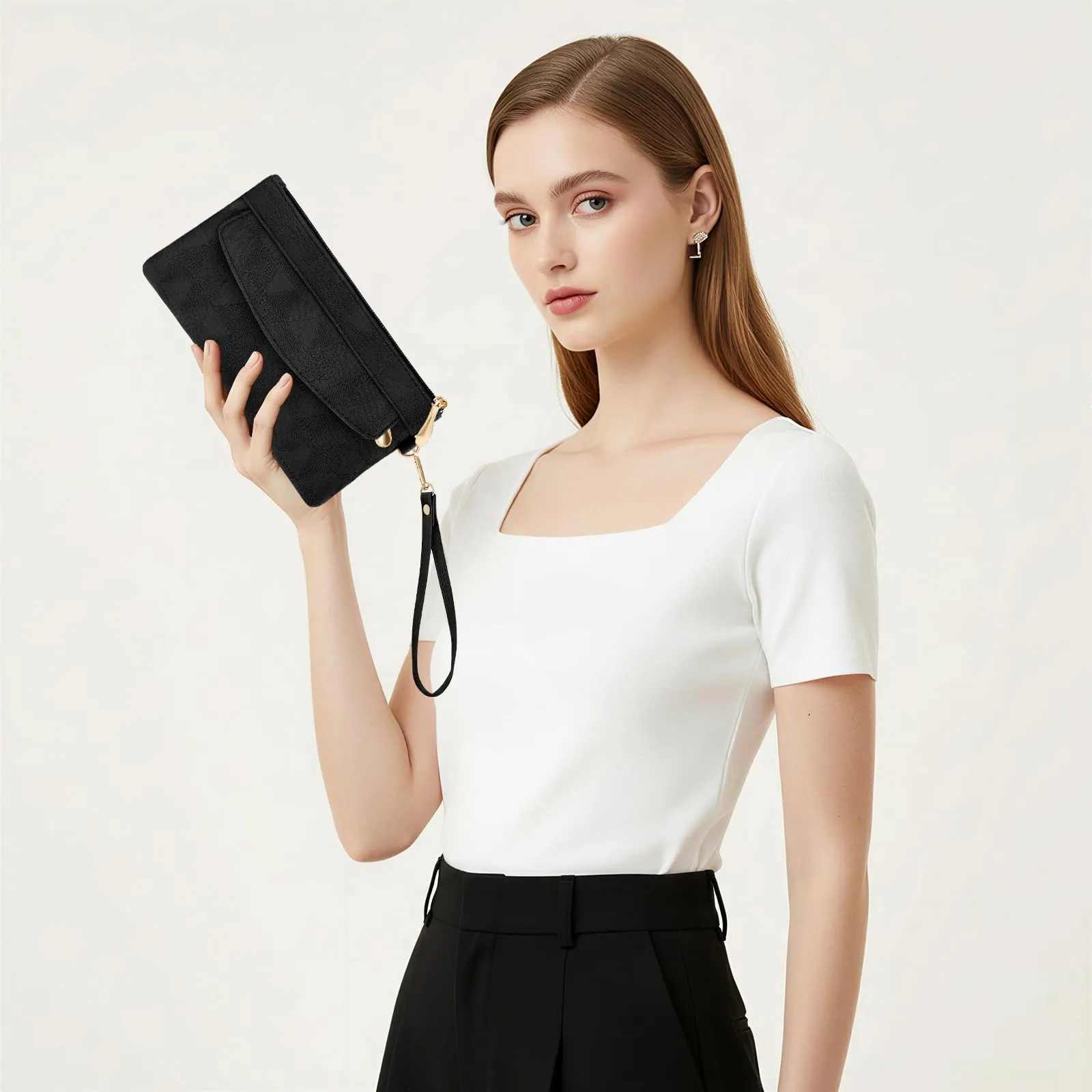 LJCZKA Portafoglio da Polso Pelle Donna Pochette da Polso Zip Grande Capacità Frizione Cellulare Porta Carte con Cinturino da Polso, Portachiavi (Nero-4) - immagine 3