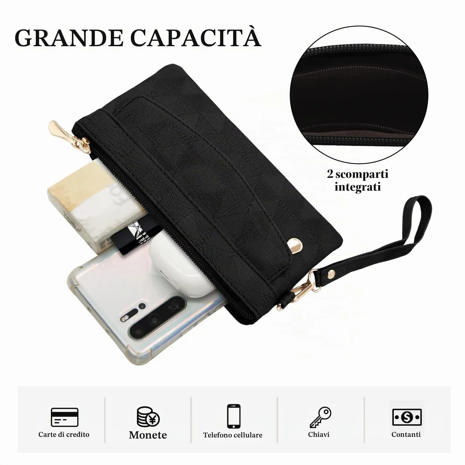 LJCZKA Portafoglio da Polso Pelle Donna Pochette da Polso Zip Grande Capacità Frizione Cellulare Porta Carte con Cinturino da Polso, Portachiavi (Nero-4) - immagine 5