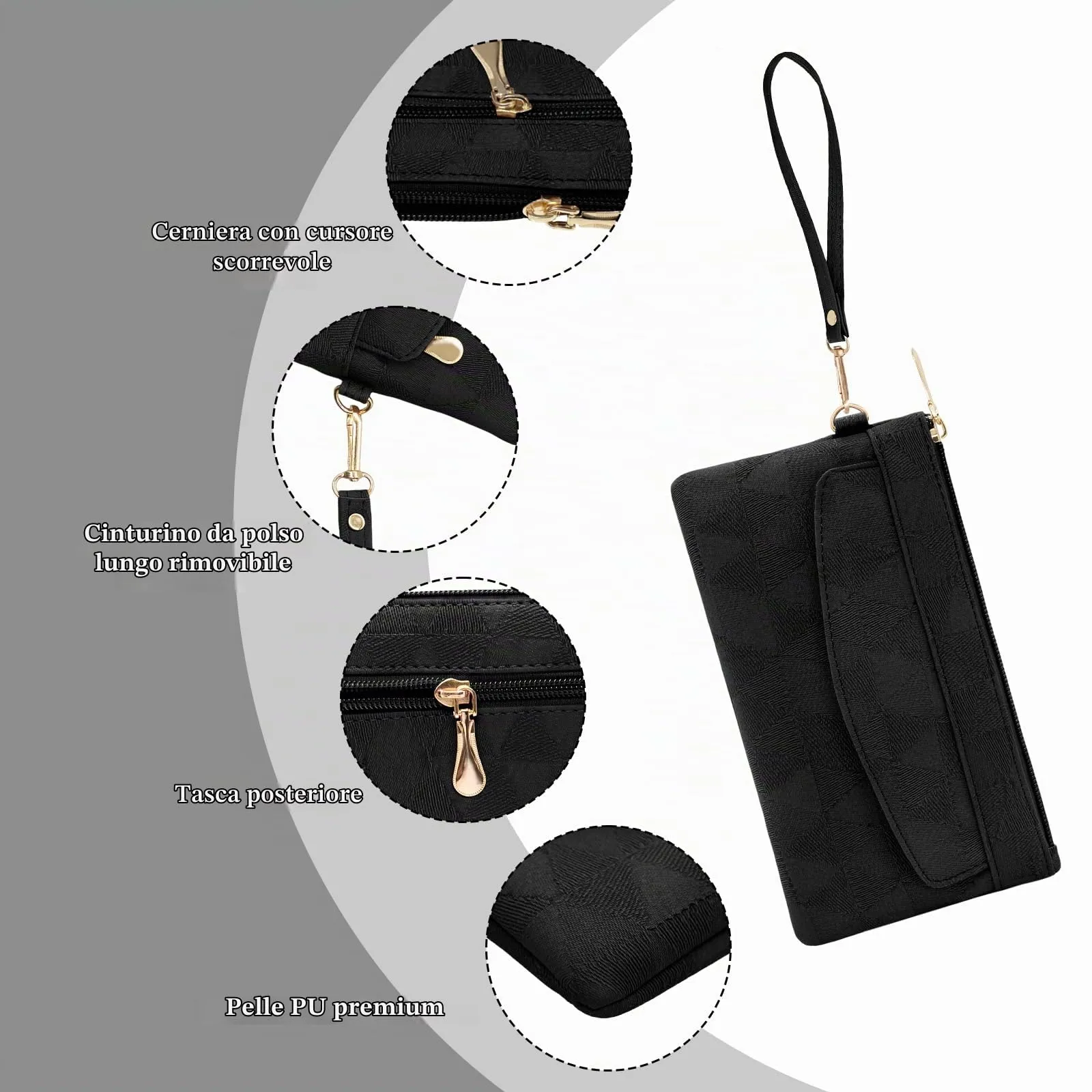 LJCZKA Portafoglio da Polso Pelle Donna Pochette da Polso Zip Grande Capacità Frizione Cellulare Porta Carte con Cinturino da Polso, Portachiavi (Nero-4) - immagine 6