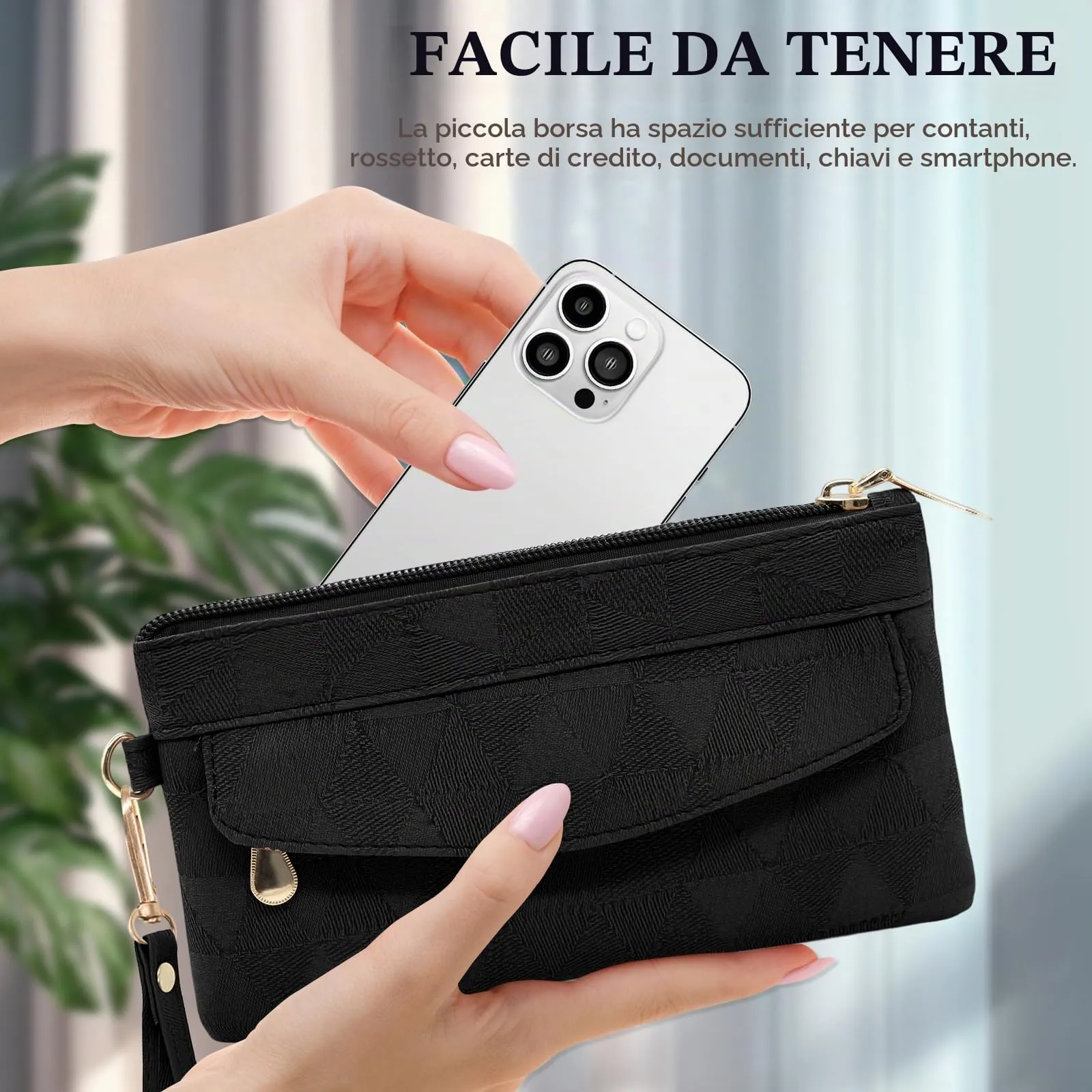 LJCZKA Portafoglio da Polso Pelle Donna Pochette da Polso Zip Grande Capacità Frizione Cellulare Porta Carte con Cinturino da Polso, Portachiavi (Nero-4) - immagine 7