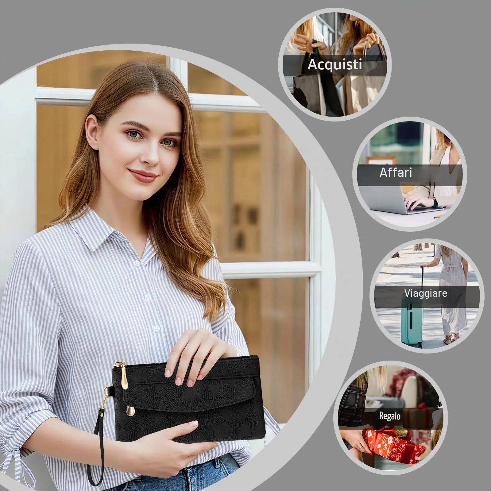 LJCZKA Portafoglio da Polso Pelle Donna Pochette da Polso Zip Grande Capacità Frizione Cellulare Porta Carte con Cinturino da Polso, Portachiavi (Nero-4) - immagine 8