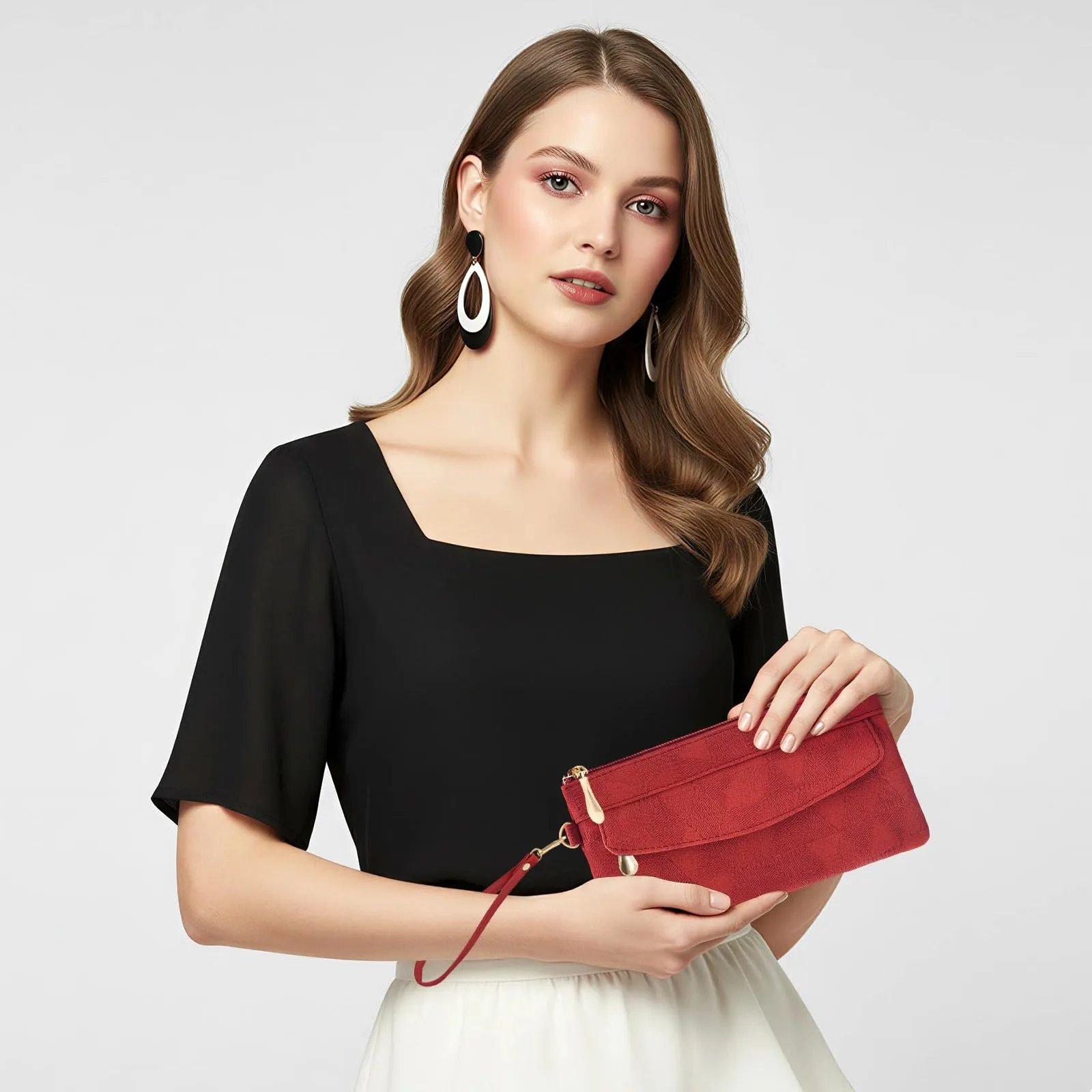 LJCZKA Portafoglio da Polso Pelle Donna Pochette da Polso Zip Grande Capacità Frizione Cellulare Porta Carte con Cinturino da Polso, Portachiavi (Rosso-4) - immagine 2