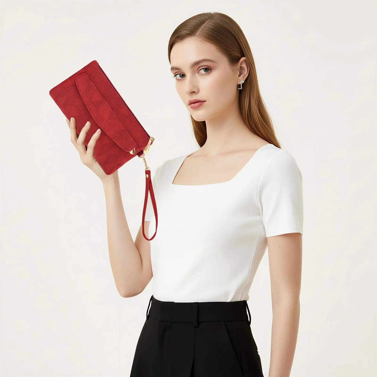 LJCZKA Portafoglio da Polso Pelle Donna Pochette da Polso Zip Grande Capacità Frizione Cellulare Porta Carte con Cinturino da Polso, Portachiavi (Rosso-4) - immagine 3