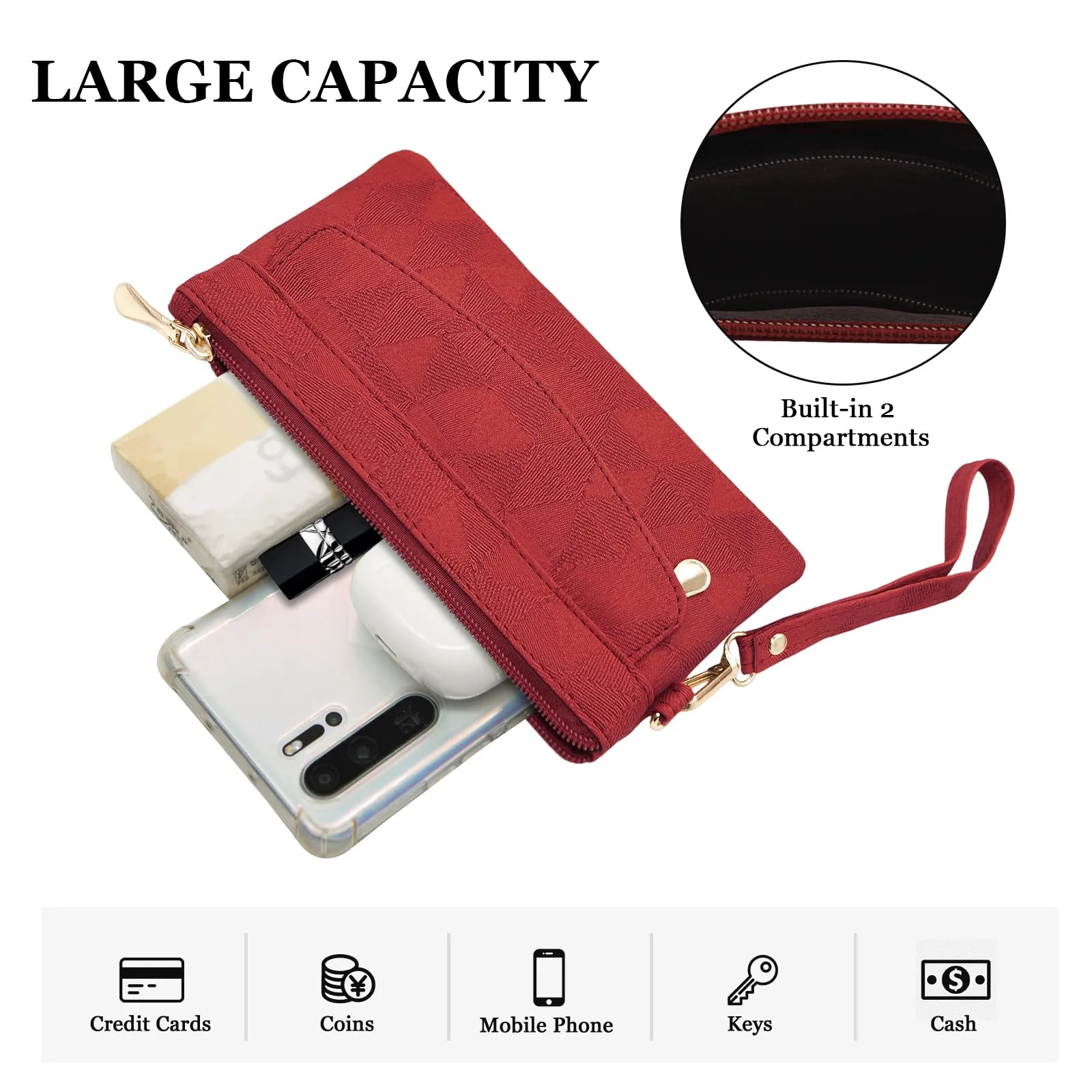 LJCZKA Portafoglio da Polso Pelle Donna Pochette da Polso Zip Grande Capacità Frizione Cellulare Porta Carte con Cinturino da Polso, Portachiavi (Rosso-4) - immagine 5