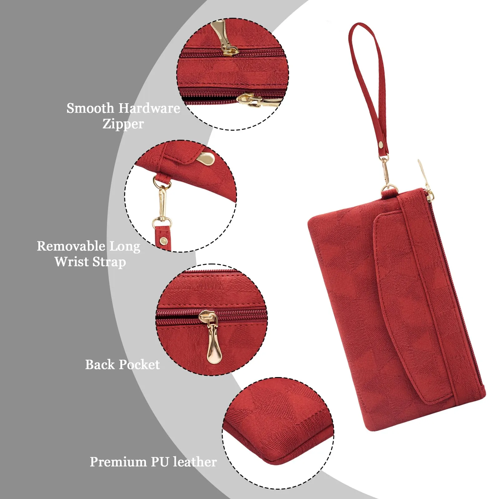LJCZKA Portafoglio da Polso Pelle Donna Pochette da Polso Zip Grande Capacità Frizione Cellulare Porta Carte con Cinturino da Polso, Portachiavi (Rosso-4) - immagine 6