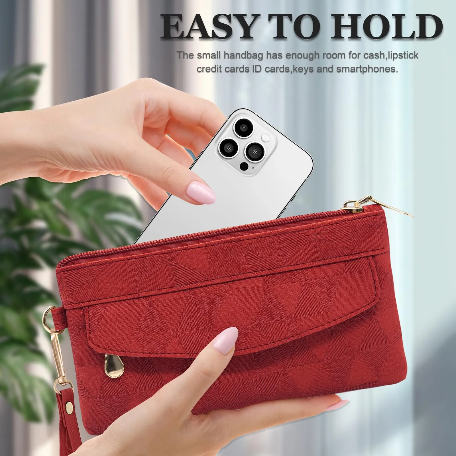 LJCZKA Portafoglio da Polso Pelle Donna Pochette da Polso Zip Grande Capacità Frizione Cellulare Porta Carte con Cinturino da Polso, Portachiavi (Rosso-4) - immagine 7