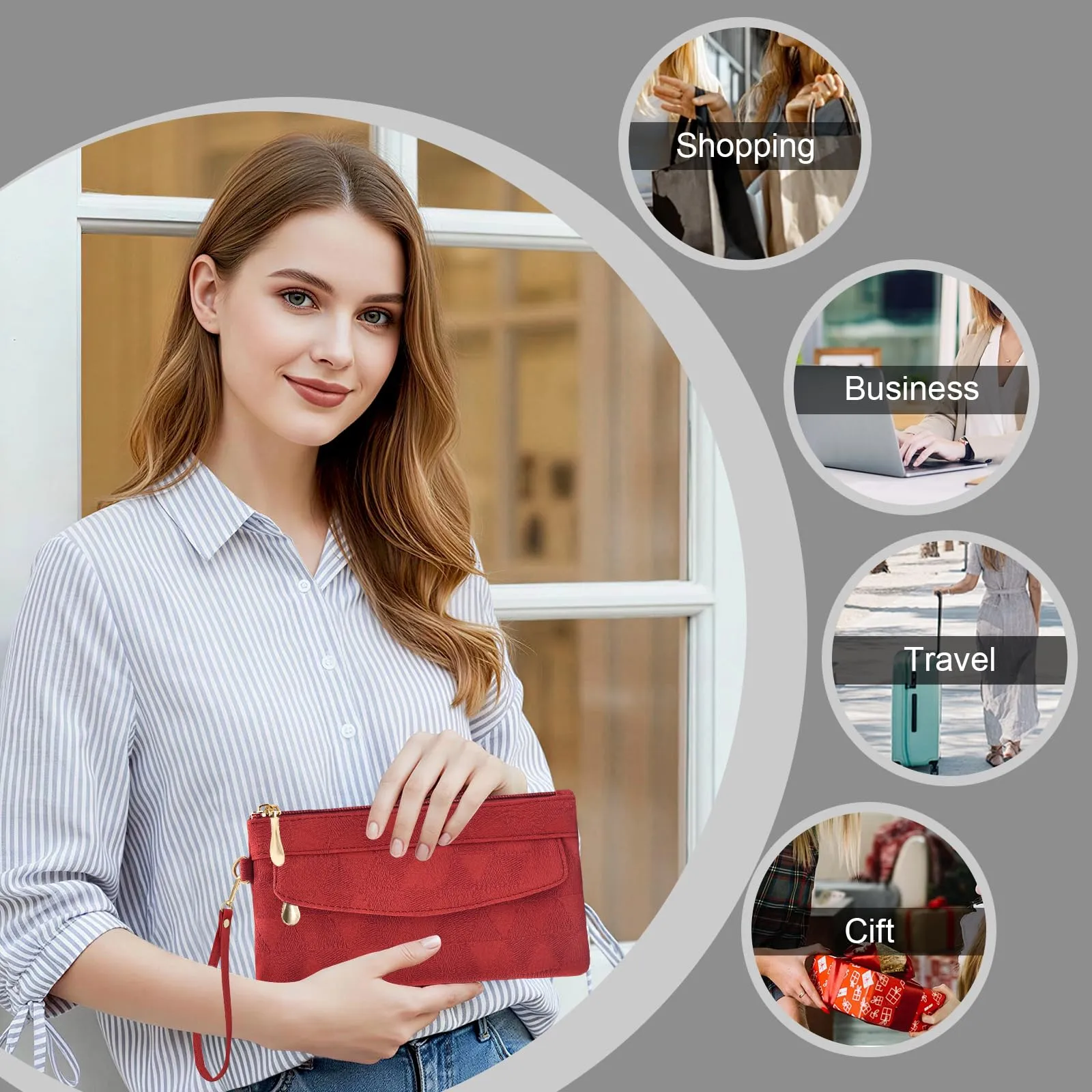 LJCZKA Portafoglio da Polso Pelle Donna Pochette da Polso Zip Grande Capacità Frizione Cellulare Porta Carte con Cinturino da Polso, Portachiavi (Rosso-4) - immagine 8