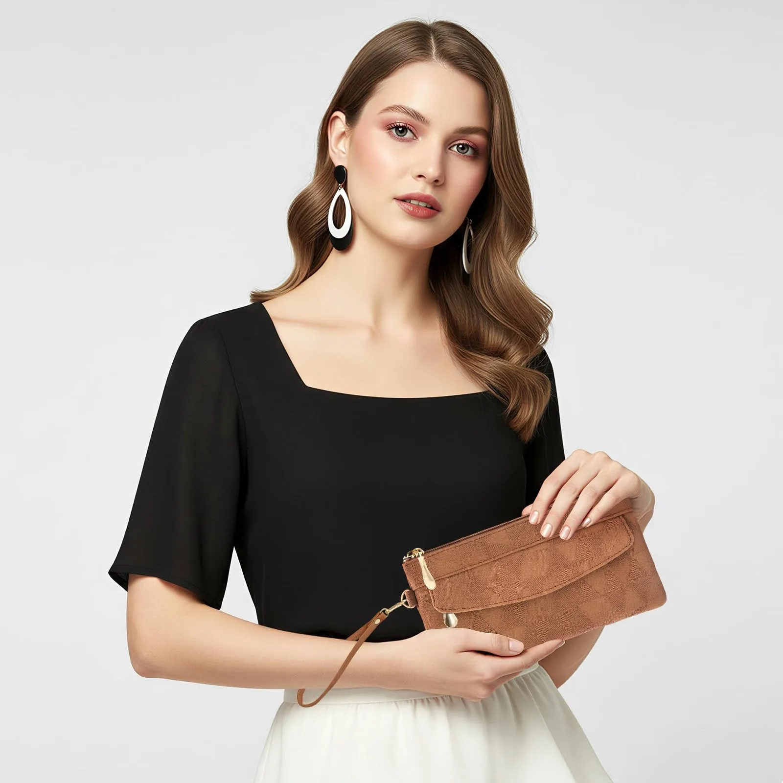 LJCZKA Portafoglio da Polso Pelle Donna Pochette da Polso Zip Grande Capacità Frizione Cellulare Porta Carte con Cinturino da Polso, Portachiavi (Marrone-4) - immagine 2