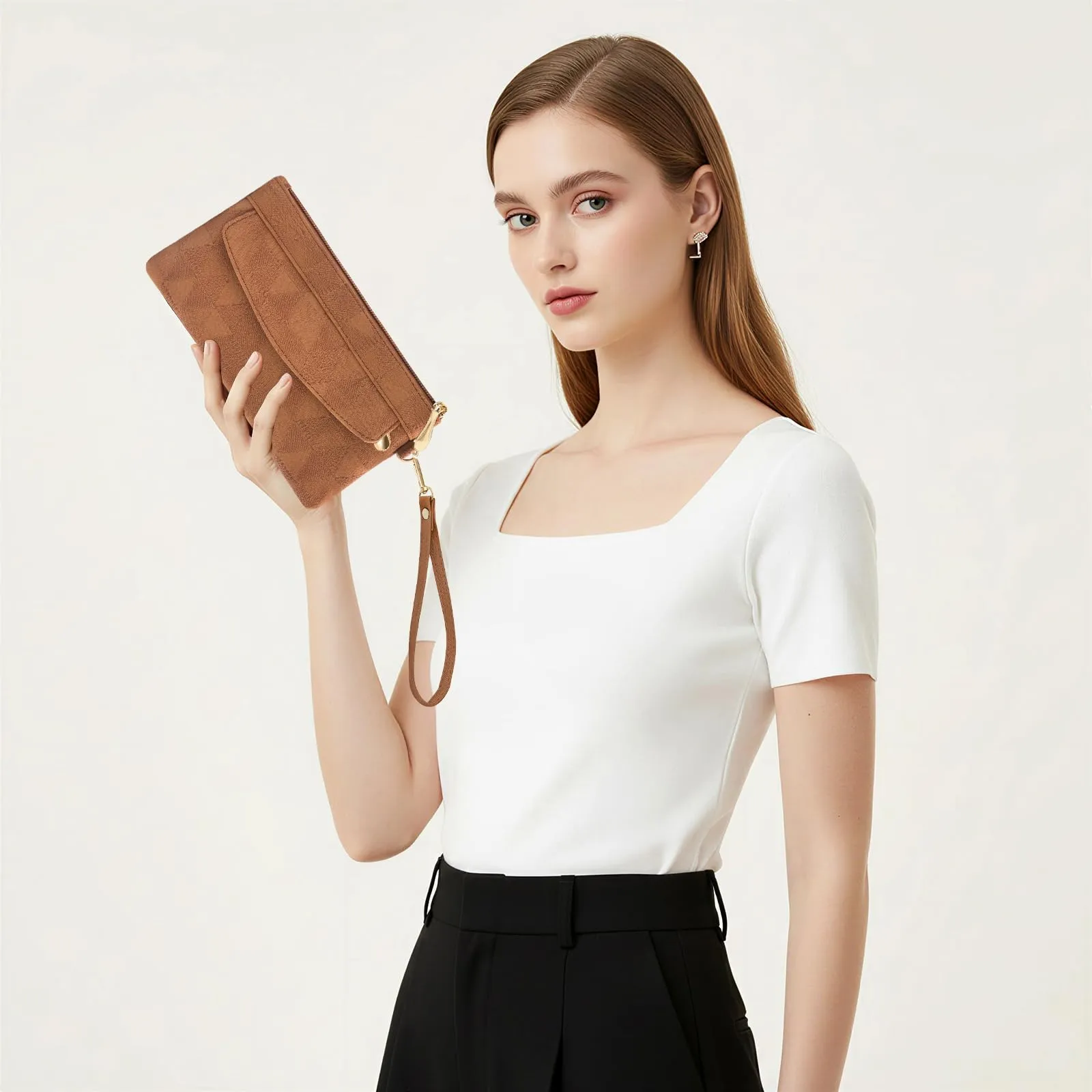 LJCZKA Portafoglio da Polso Pelle Donna Pochette da Polso Zip Grande Capacità Frizione Cellulare Porta Carte con Cinturino da Polso, Portachiavi (Marrone-4) - immagine 3