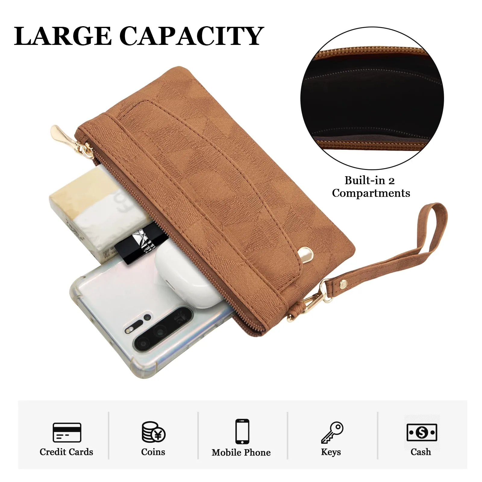 LJCZKA Portafoglio da Polso Pelle Donna Pochette da Polso Zip Grande Capacità Frizione Cellulare Porta Carte con Cinturino da Polso, Portachiavi (Marrone-4) - immagine 5