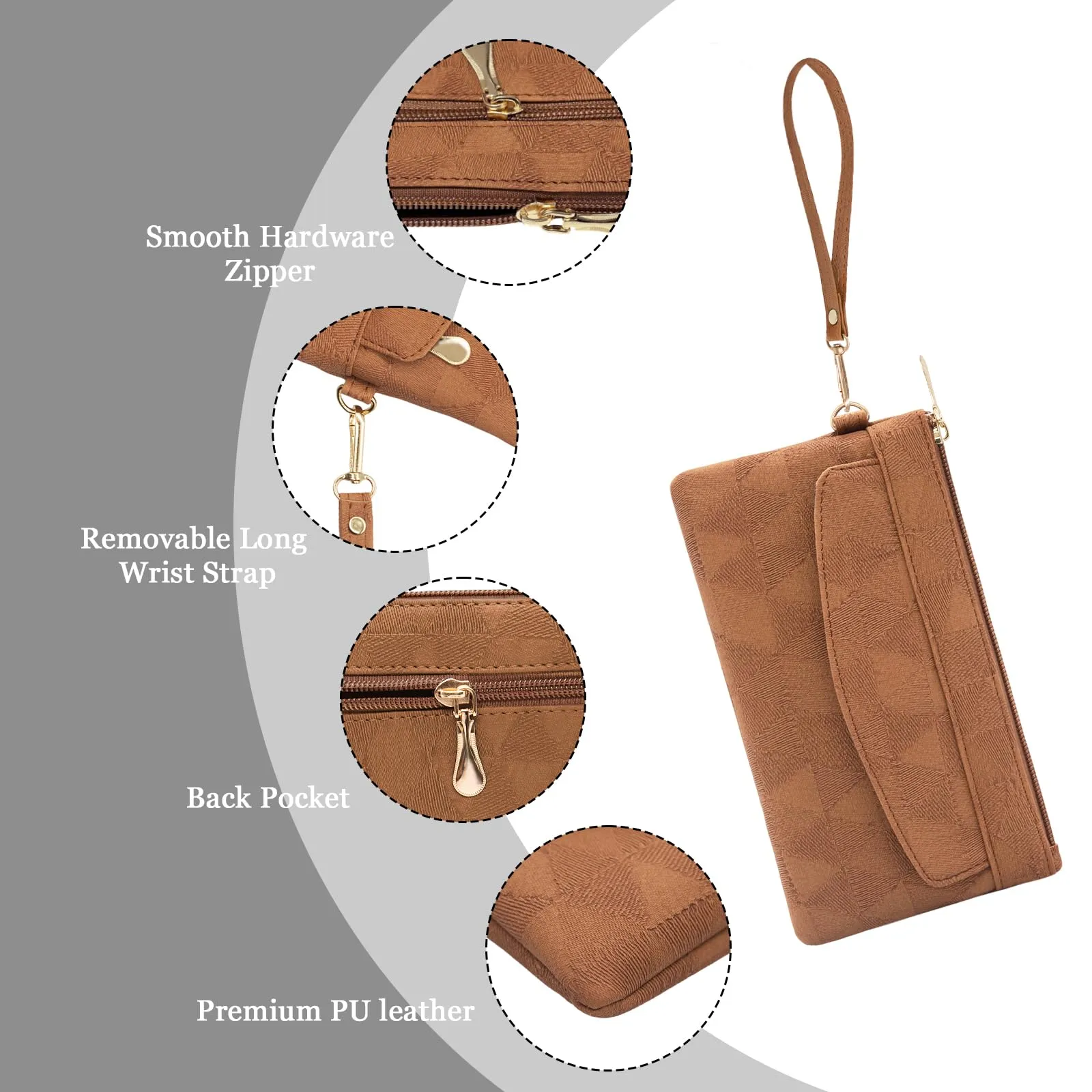 LJCZKA Portafoglio da Polso Pelle Donna Pochette da Polso Zip Grande Capacità Frizione Cellulare Porta Carte con Cinturino da Polso, Portachiavi (Marrone-4) - immagine 6