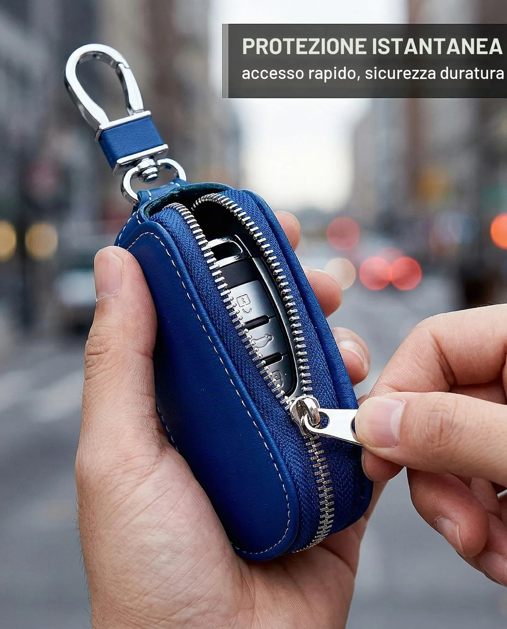 KAHZOR 1 Pezzo Portachiavi Auto Custodia in Vera Pelle, Universale per Chiavi, con Cerniera e Anello. Protezione Robusta contro Graffi e Sporco per Uomo, Blu Zaffiro - immagine 3